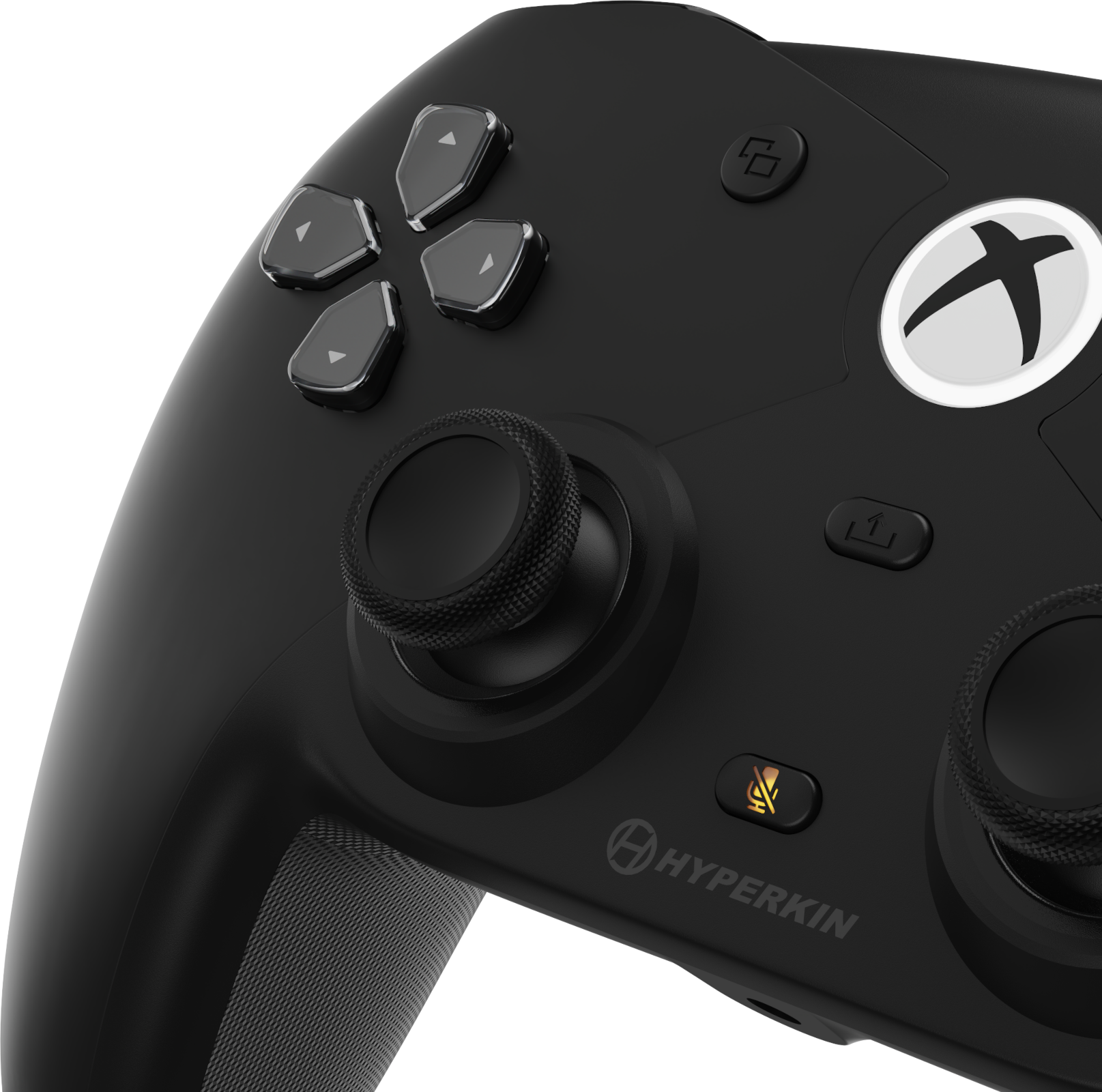 Egy fekete Xbox kontroller gombokkal és joystickokkal fekete háttér előtt. A kontrollern a Hyperkin logója látható.