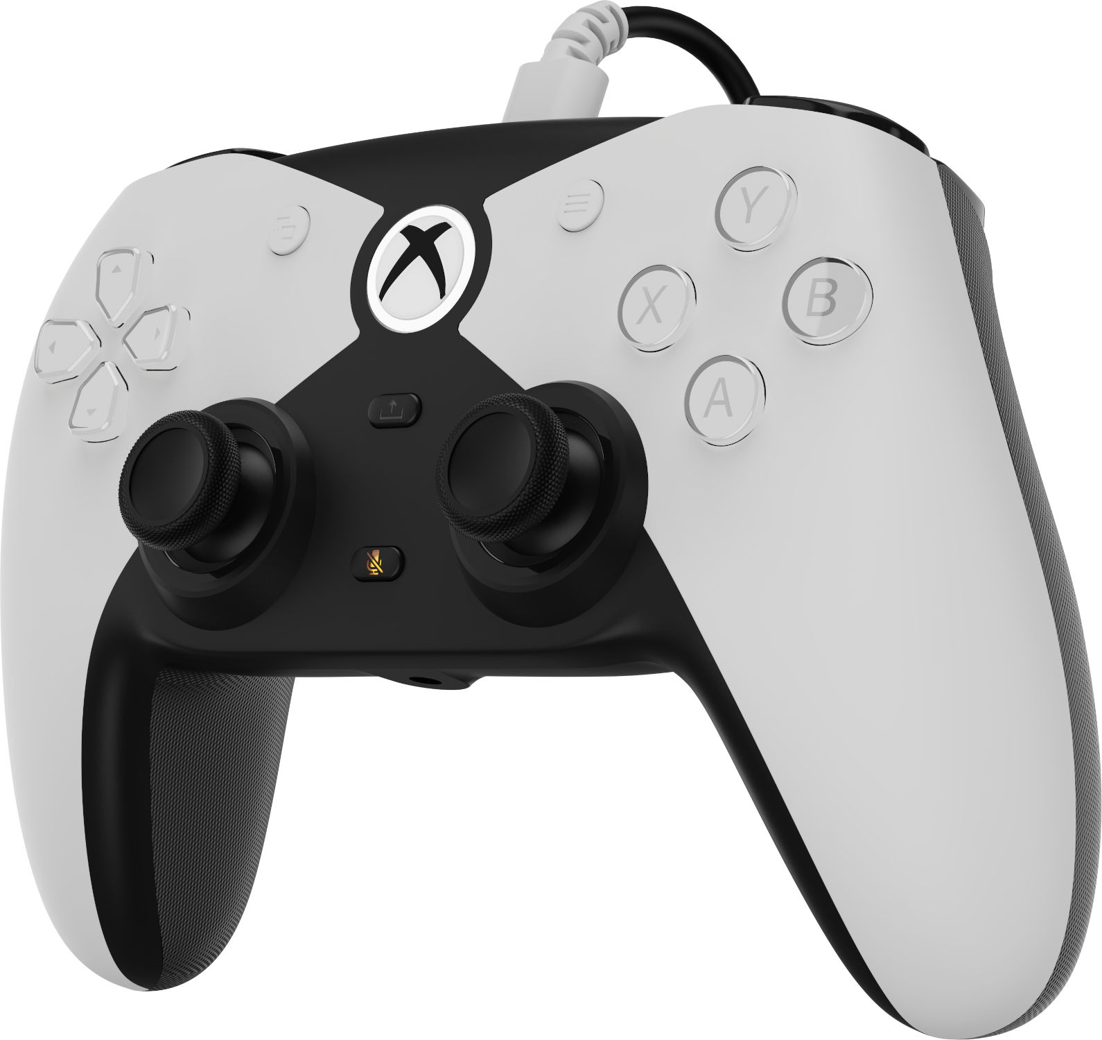 Fehér és fekete Xbox-kontroller, gombokkal és joystickokkal. Egy kábel csatlakozik a tetejéhez. A Xbox logó középen.