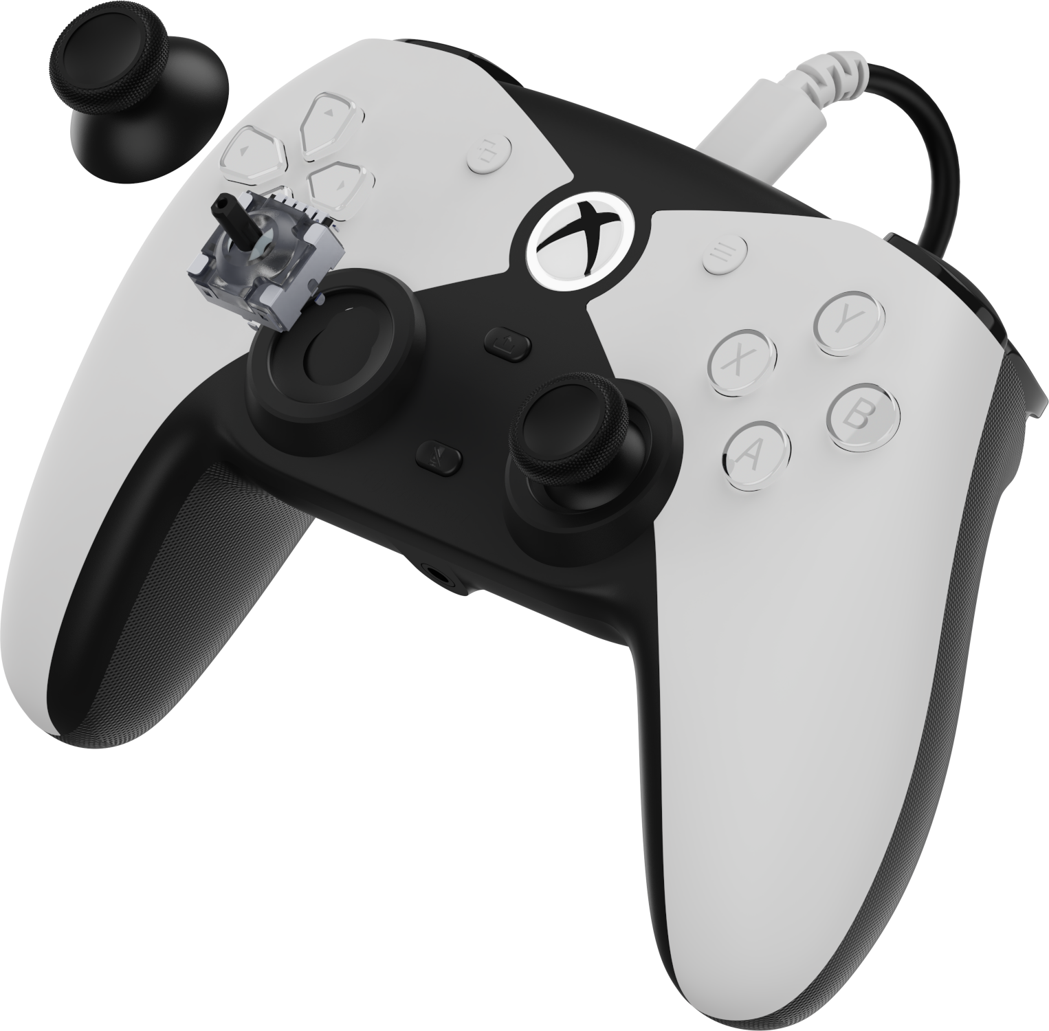 Egy fekete-fehér Xbox-kontroller. Egy joystick le van választva. Gombok: X, Y, A, B és iránygombok.