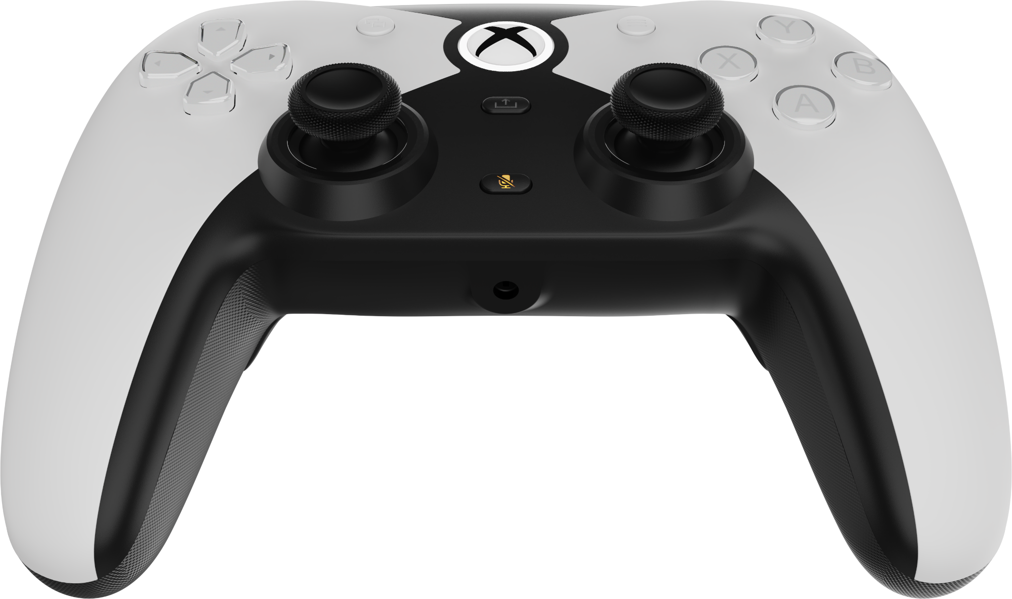 Egy fehér és fekete Xbox kontroller. Fekete analóg karokkal, D-paddel, gombokkal és fehér testtel.
