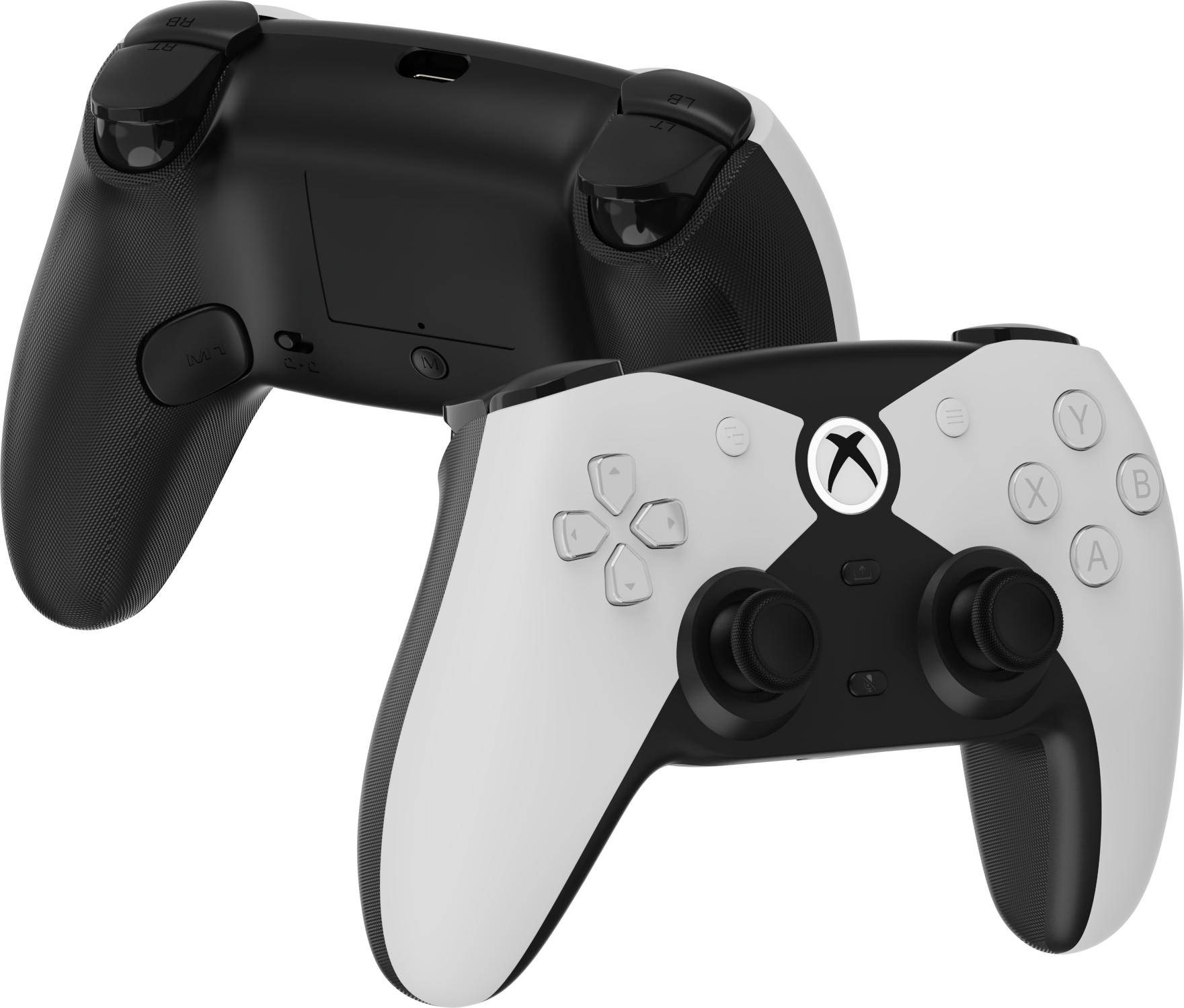 Két fehér és fekete Xbox-kontroller látható fekete háttér előtt, egyik a másik tetején.