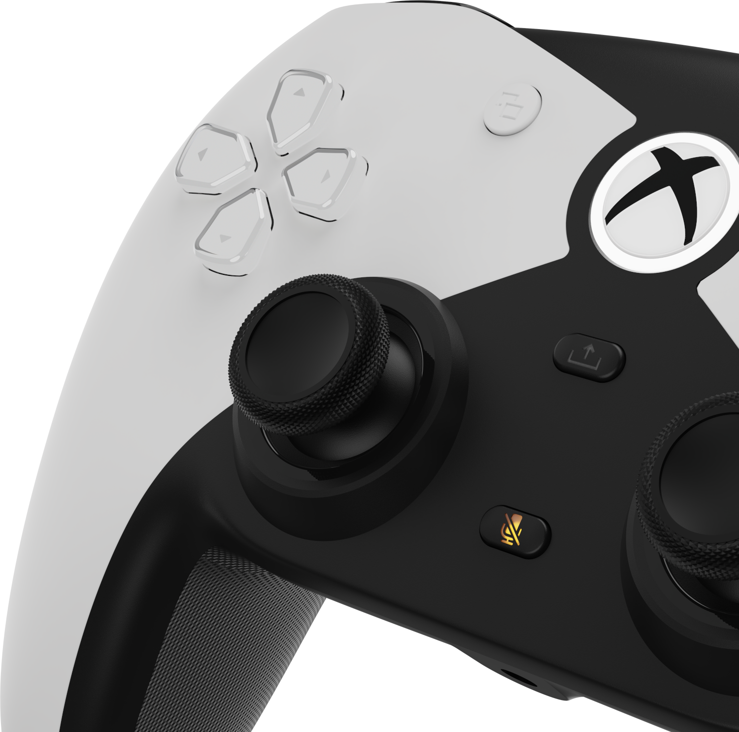 Egy Xbox-kontroller közelképe. Fekete-fehér dizájnnal, fekete joystickokkal és fehér gombokkal rendelkezik. Az Xbox logó látható.