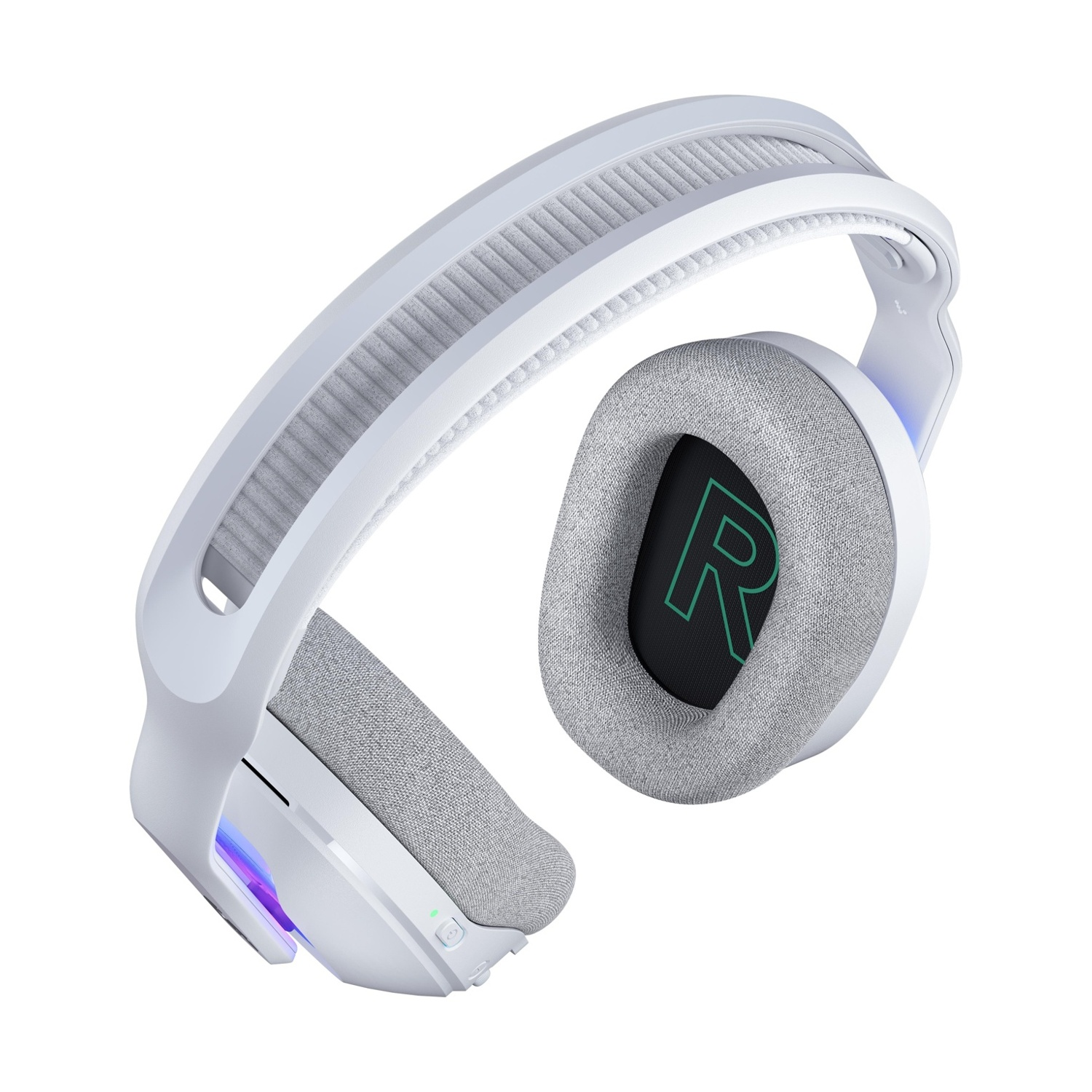 Cuffie da gioco bianche e grigie. Il padiglione destro mostra una grande 'R' verde. Il lato sinistro ha i pulsanti di accensione e volume.