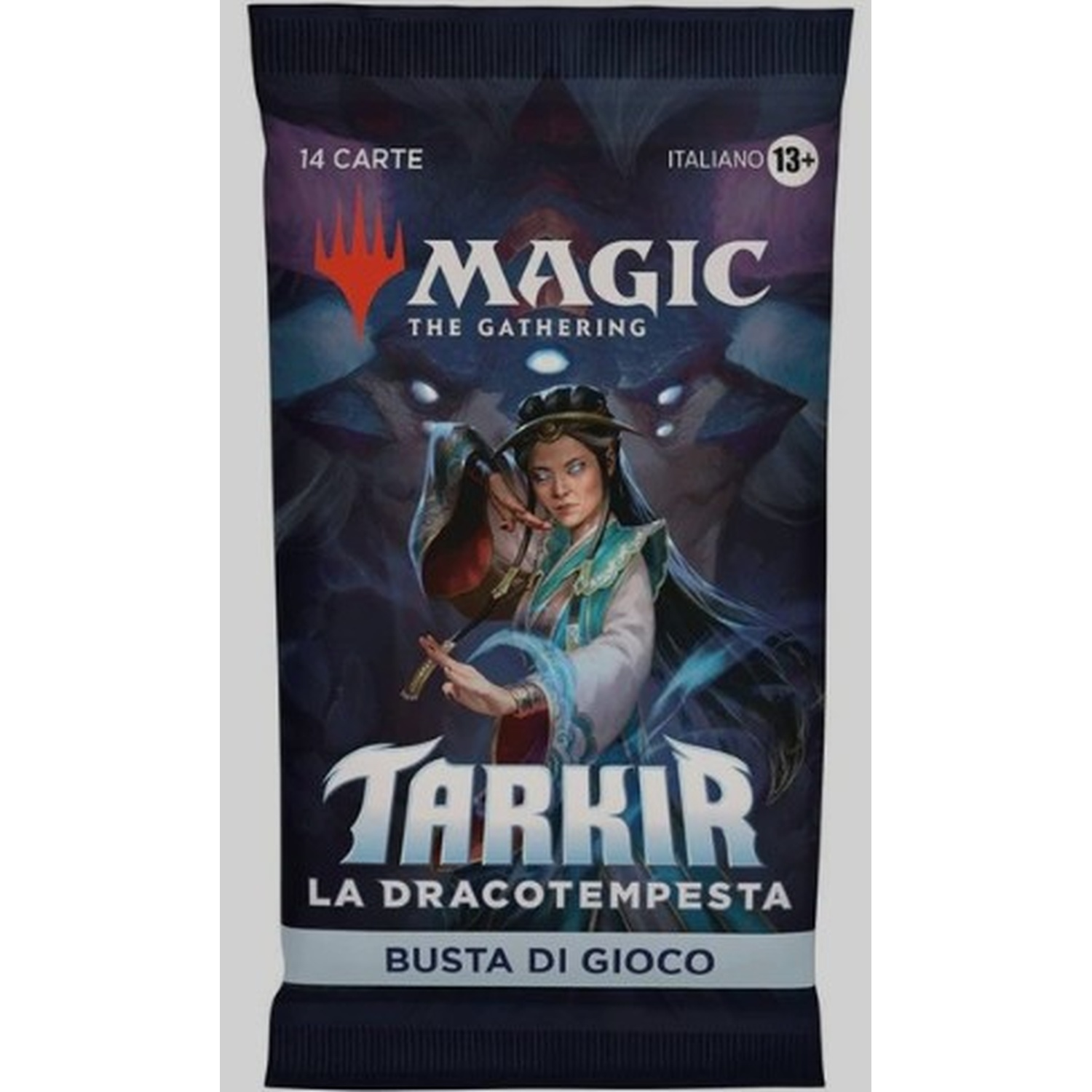 Un pacchetto di carte Magic: The Gathering. Mostra una donna con un flauto e il titolo "Tarkir La Dracotempesta".