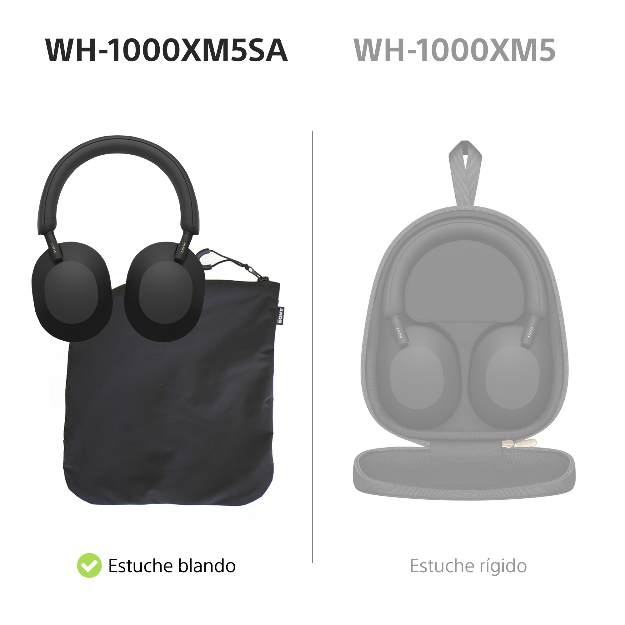 La imagen muestra dos auriculares, uno con estuche blando y otro con estuche rígido. Ambos son negros.