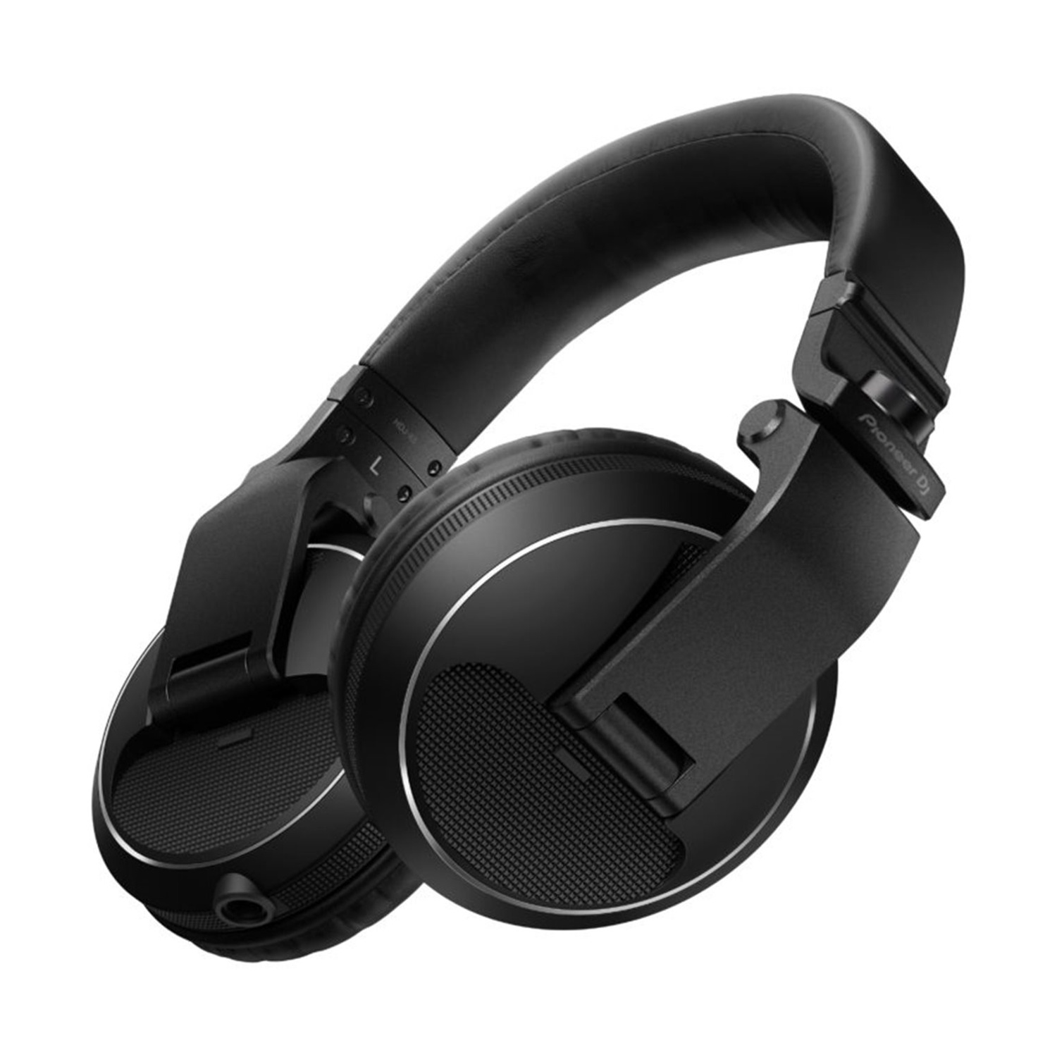 Cuffie Pioneer DJ nere su sfondo bianco. Le cuffie hanno un archetto imbottito e padiglioni con un anello argentato.