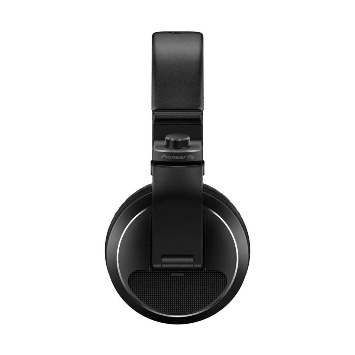 Cuffie Pioneer DJ nere, vista frontale. L'archetto è sollevato e i padiglioni sono rotondi. Il marchio è visibile sull'archetto.