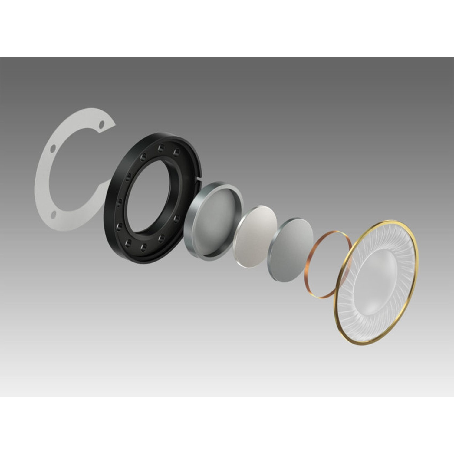 Vista esplosa di un altoparlante per cuffie che mostra i componenti. Include un anello bianco, un anello nero, dischi d'argento e un altoparlante.