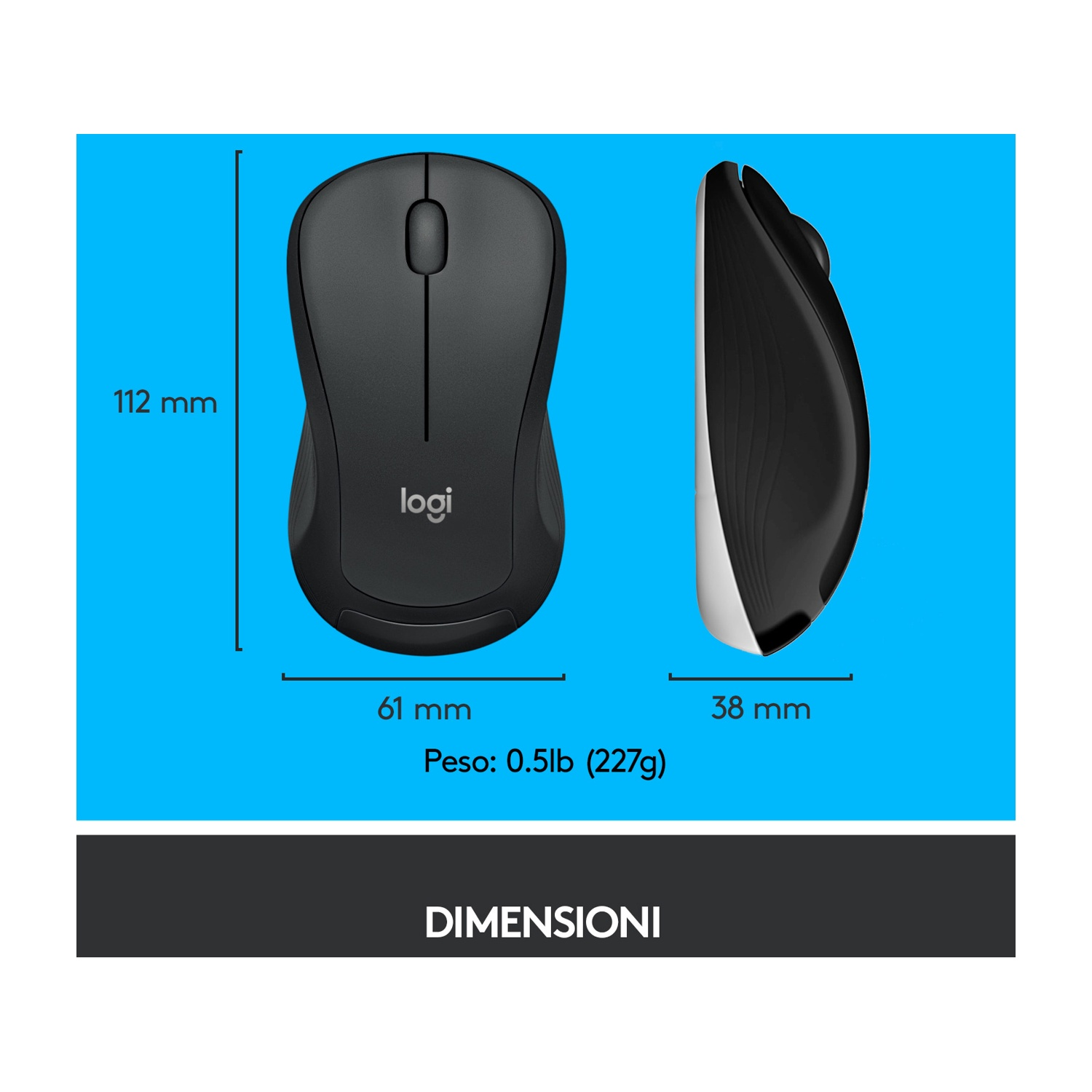 Un mouse Logitech nero, vista dall'alto e laterale, con dimensioni e peso. Il mouse è su sfondo bianco.