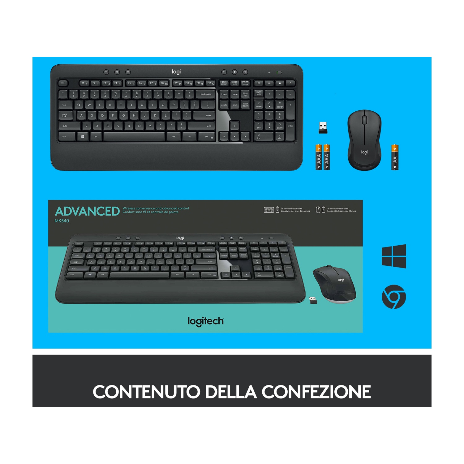 L'immagine mostra un combo tastiera e mouse Logitech nero, con batterie e un ricevitore USB su sfondo blu e nero.