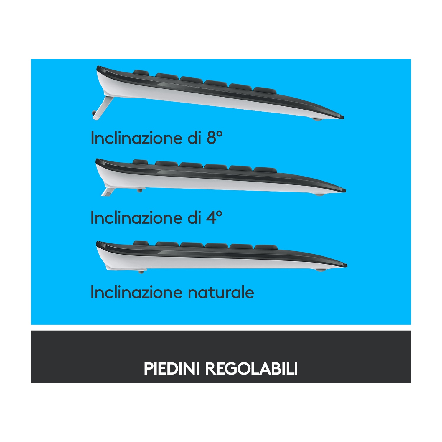 L'immagine mostra una tastiera con piedini regolabili. Illustra 3 livelli di inclinazione: 8 gradi, 4 gradi e inclinazione naturale.