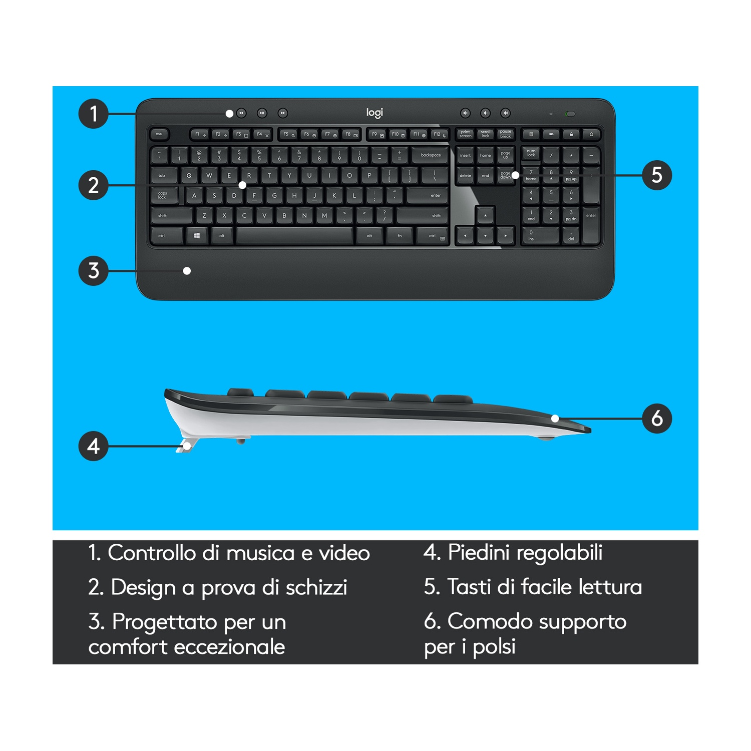 Tastiera Logitech nera con tasti numerati, funzione e tastierino numerico. Include controlli multimediali e supporto per i polsi.