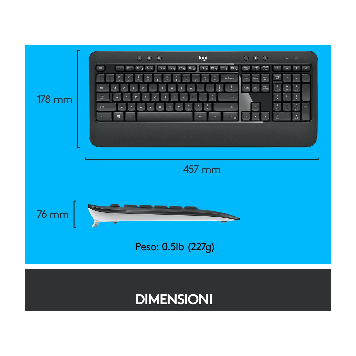 Una tastiera Logitech nera viene mostrata con dimensioni e peso. La tastiera è su sfondo bianco.