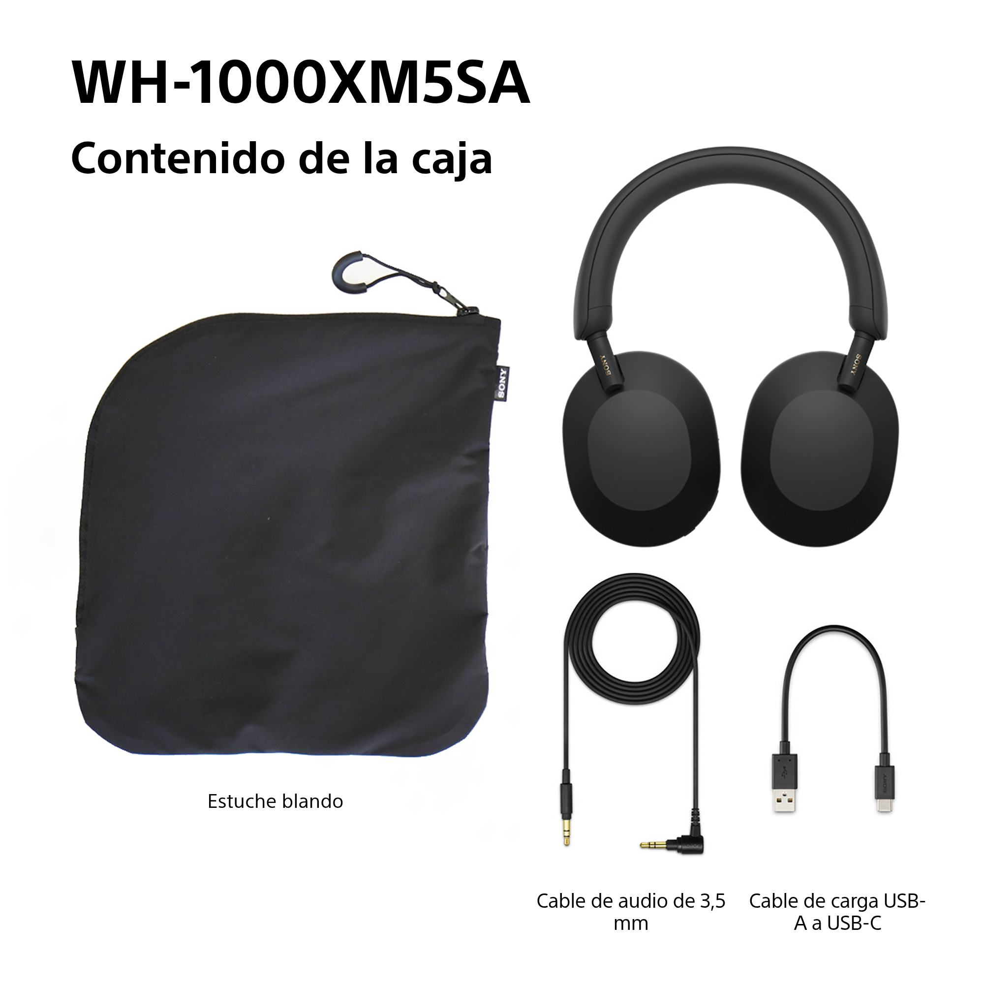 La imagen muestra auriculares Sony negros, una funda de transporte, cable de audio y cable de carga USB-C. El texto incluye nombre y descripciones del producto..