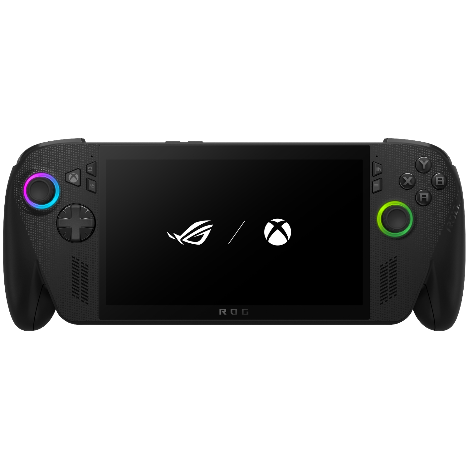 Een zwarte handheld gameconsole met scherm met logo's. De console heeft kleurrijke verlichting rond de joysticks.