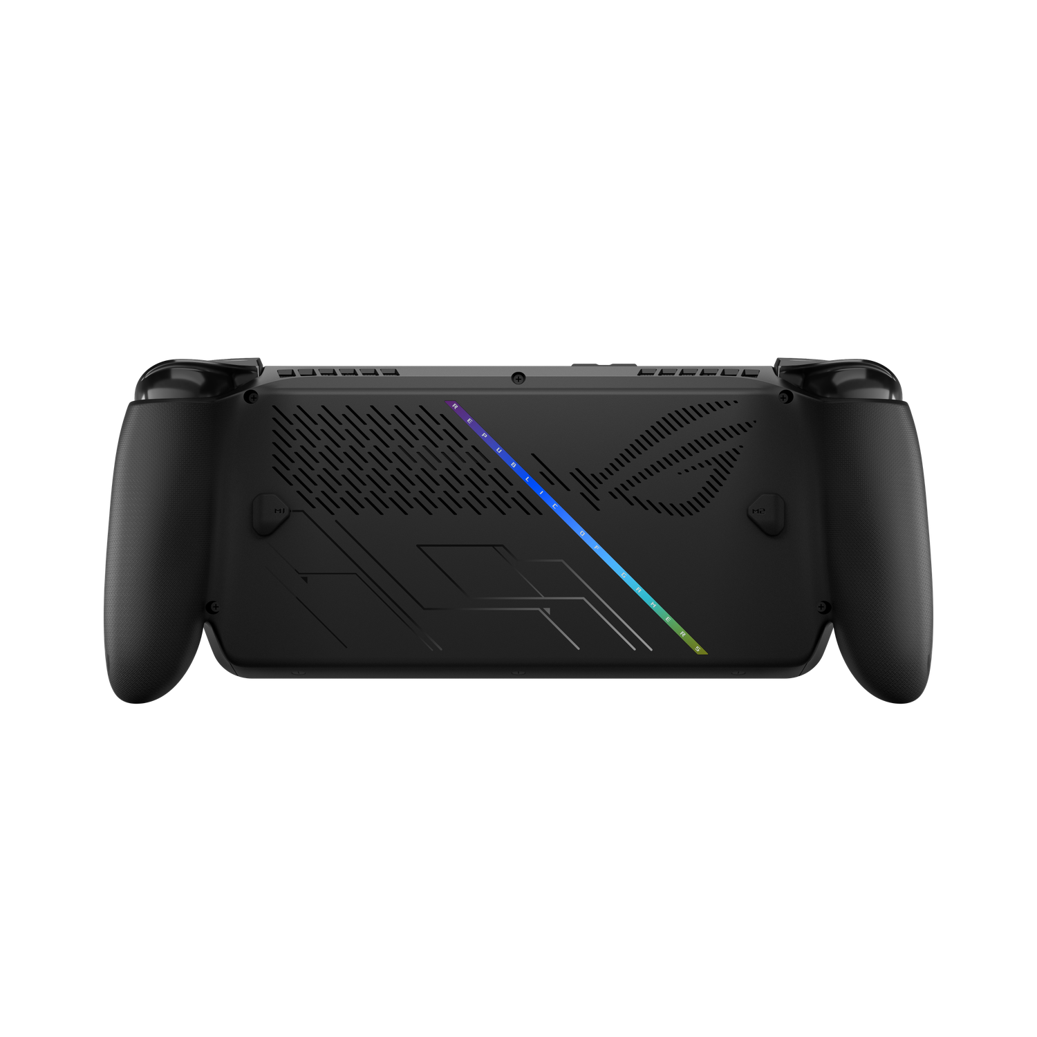 Zwarte handheld gaming-apparaat. Voorzien van getextureerde grips, ventilatieopeningen en een oplichtend ROG-logo met kleurovergang.