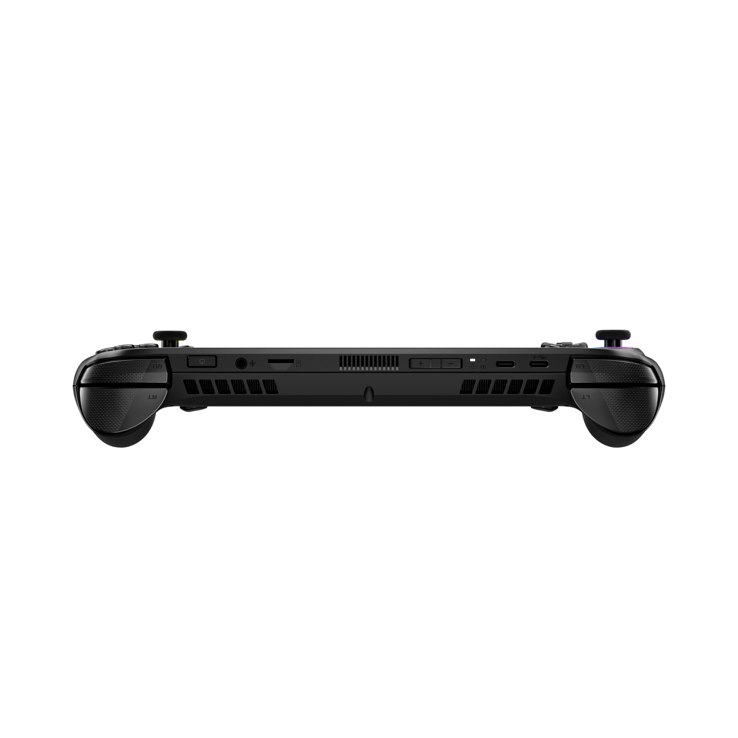 Zwarte handheld gameconsole, zijaanzicht. Knoppen, ventilatieopeningen en joysticks op zwarte achtergrond.