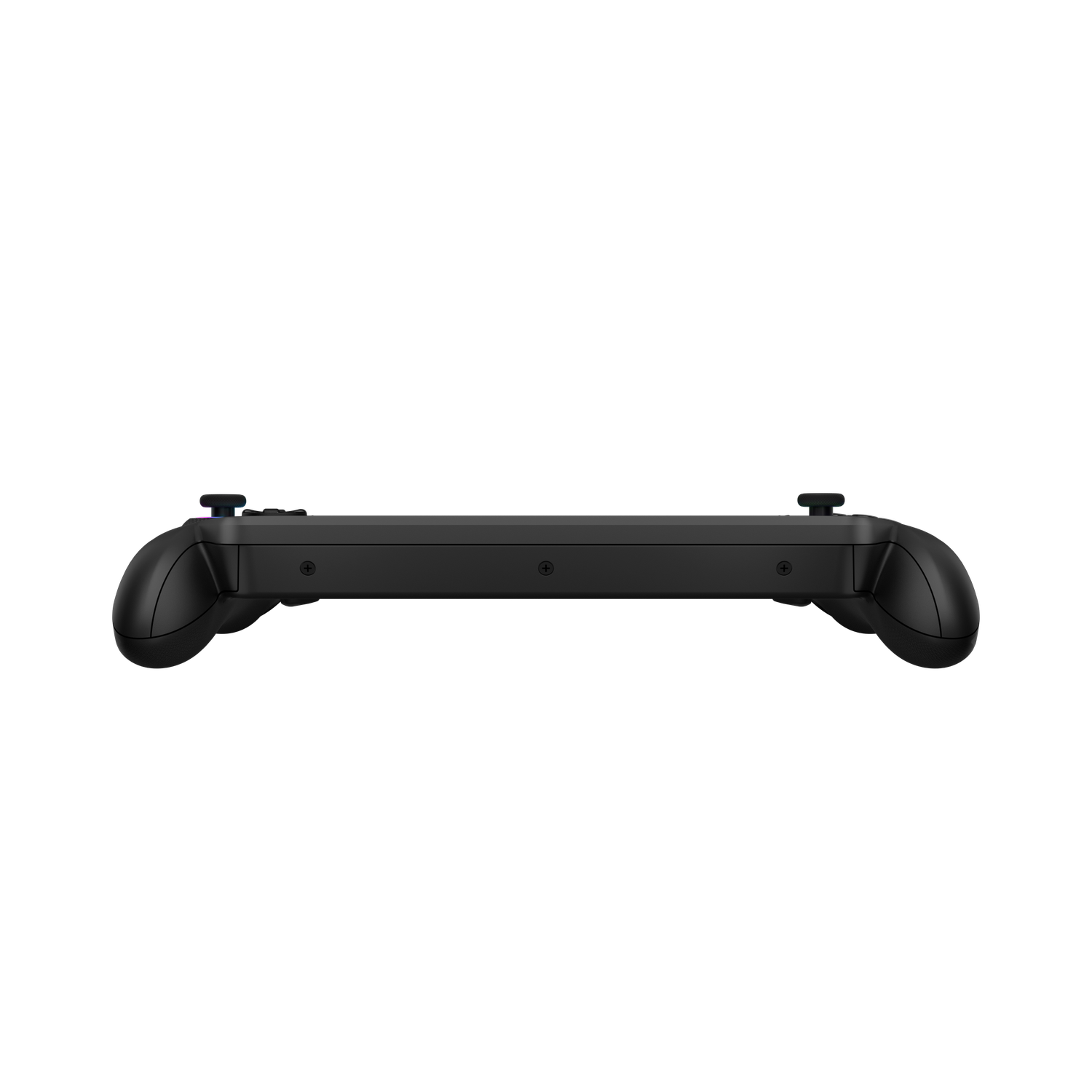 Een zwarte handheld gameconsole, van bovenaf gezien. Het heeft twee handvatten, knoppen en joysticks. De achtergrond is zwart.