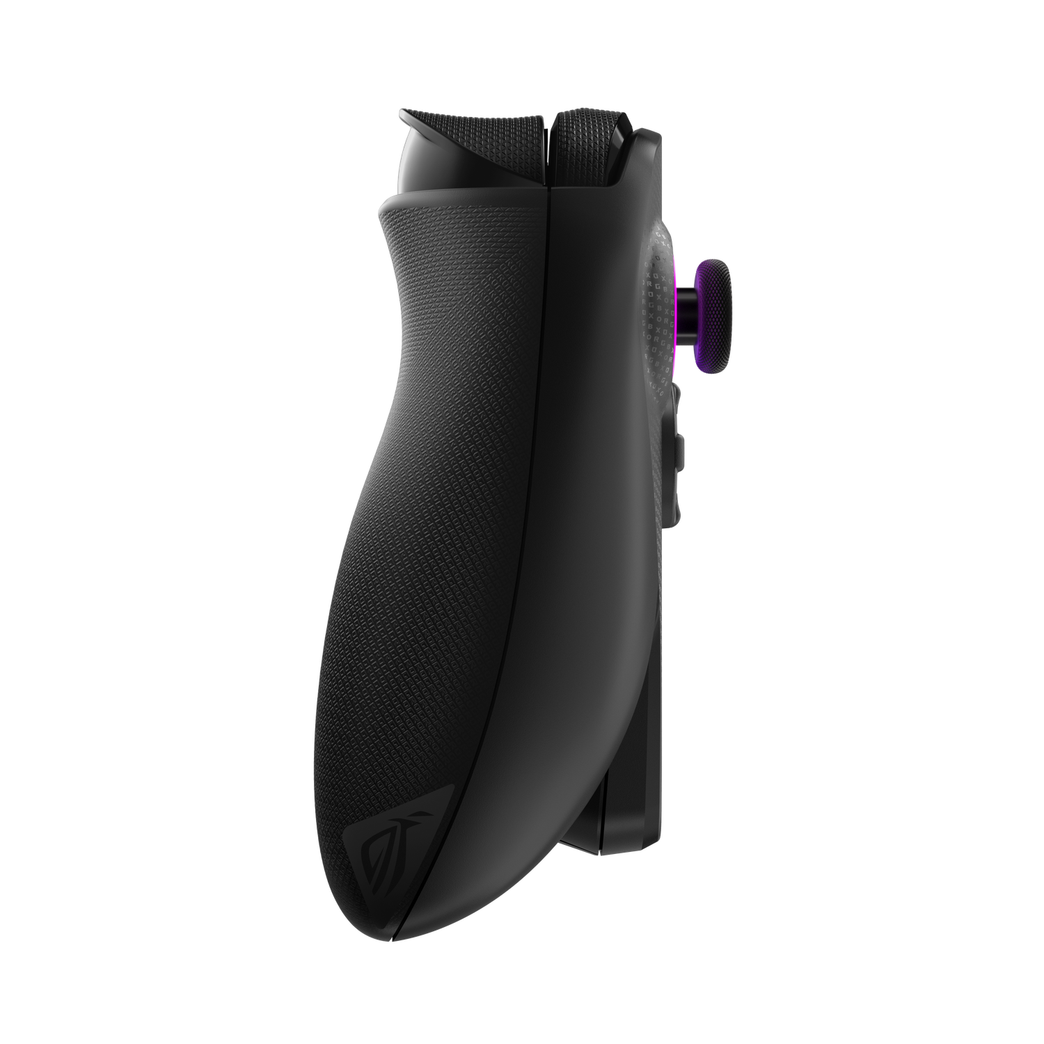Zwarte gamecontroller met paarse joystick op zwarte achtergrond. De controller heeft een getextureerde grip en het logo van een merk.