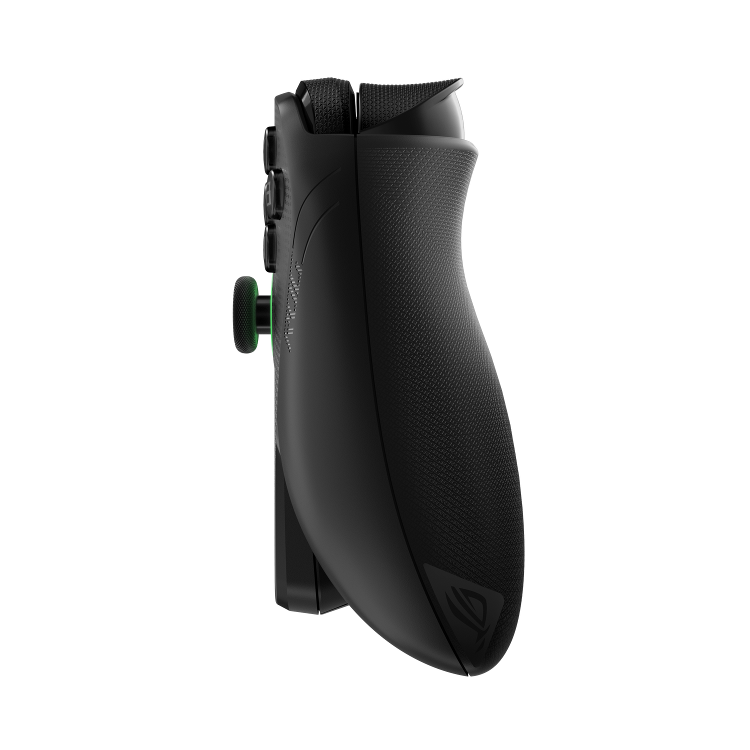 Een zwarte gamecontroller, van opzij gezien, met een groene joystick en knoppen. De achtergrond is zwart.