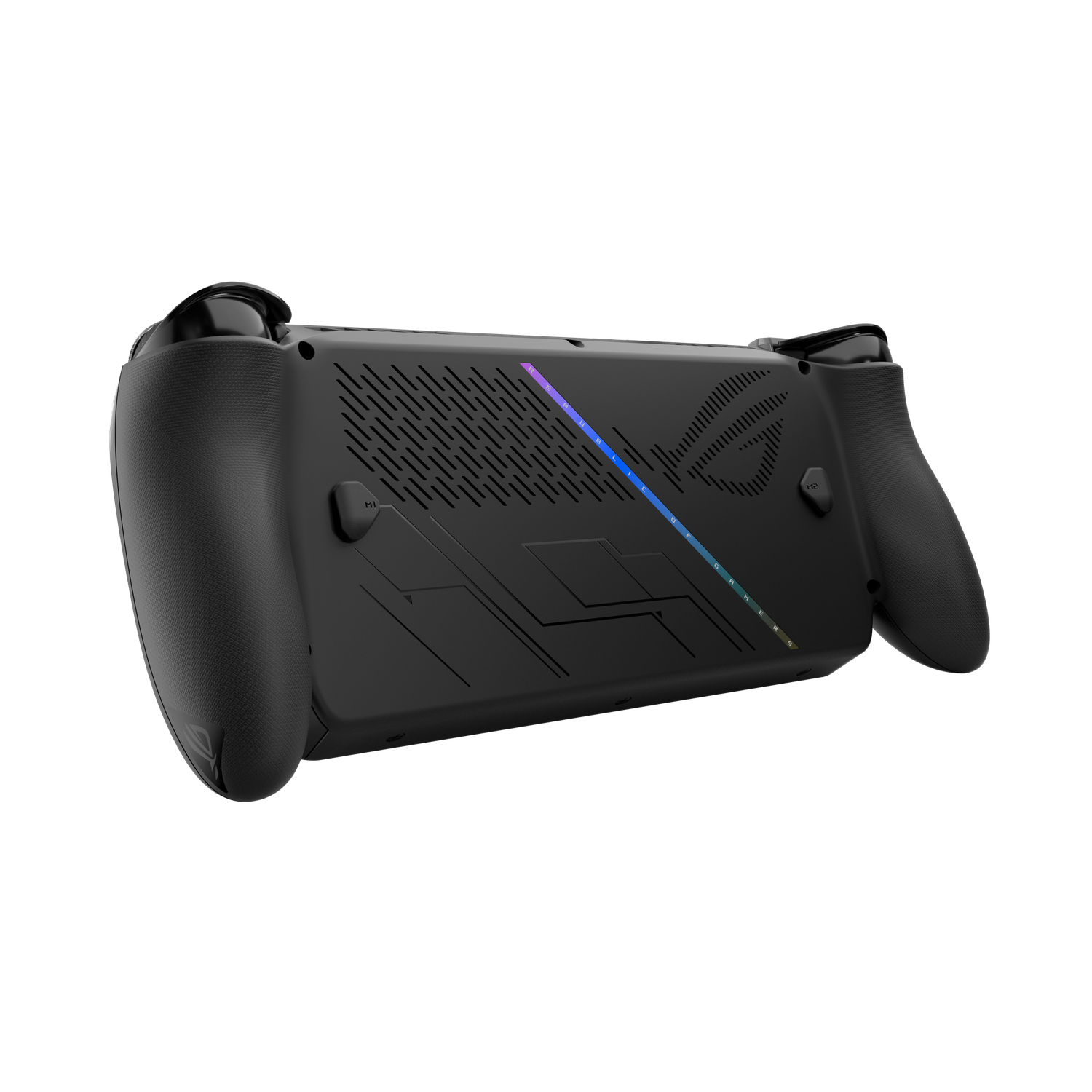 Een zwart handheld gaming-apparaat met getextureerde grepen en een gestileerde achterkant. Het heeft ventilatieopeningen en een oplichtende streep met het logo 'Republic of Gamers'.