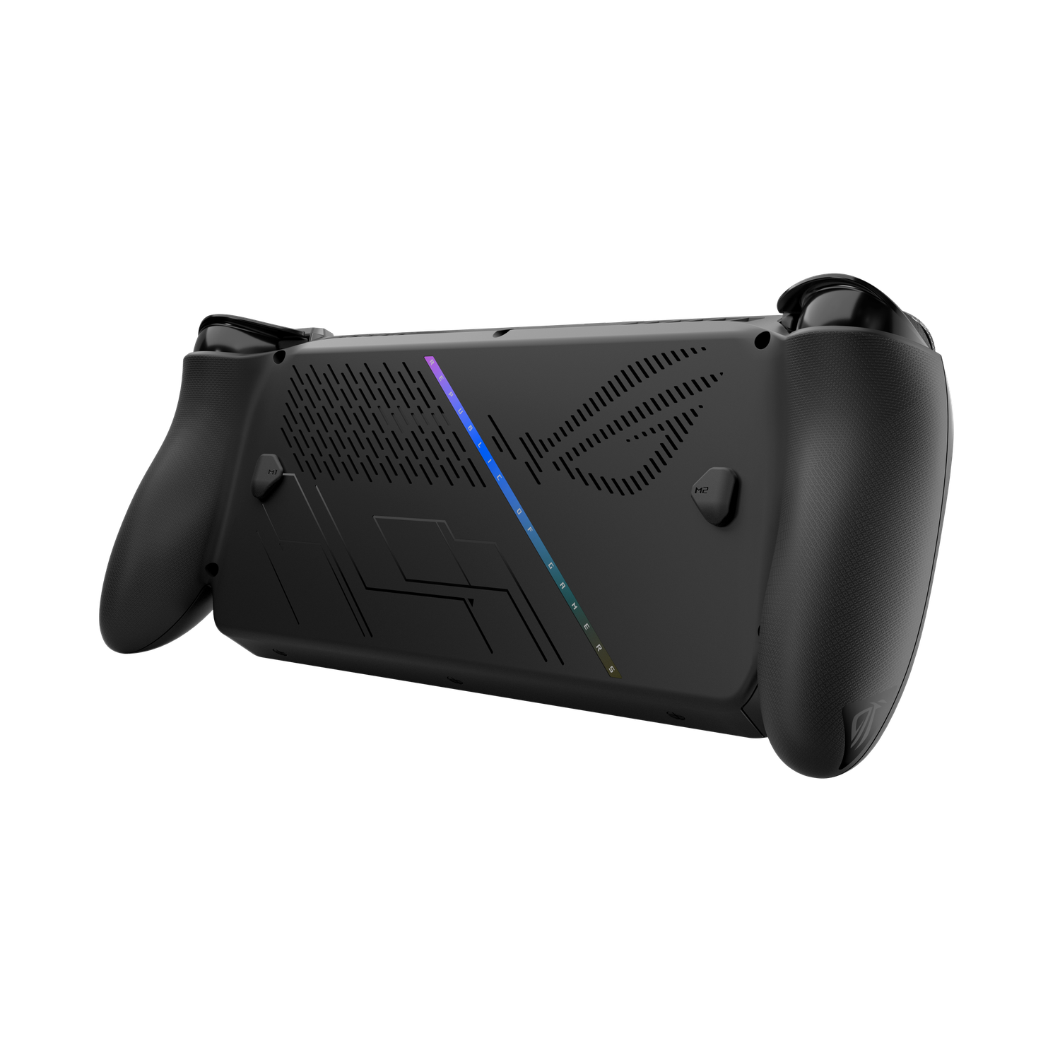Een zwarte handheld gameconsole met handgrepen, ROG-logo en gekleurde lichtbalk. Het is schuin en geïsoleerd op een zwarte achtergrond.