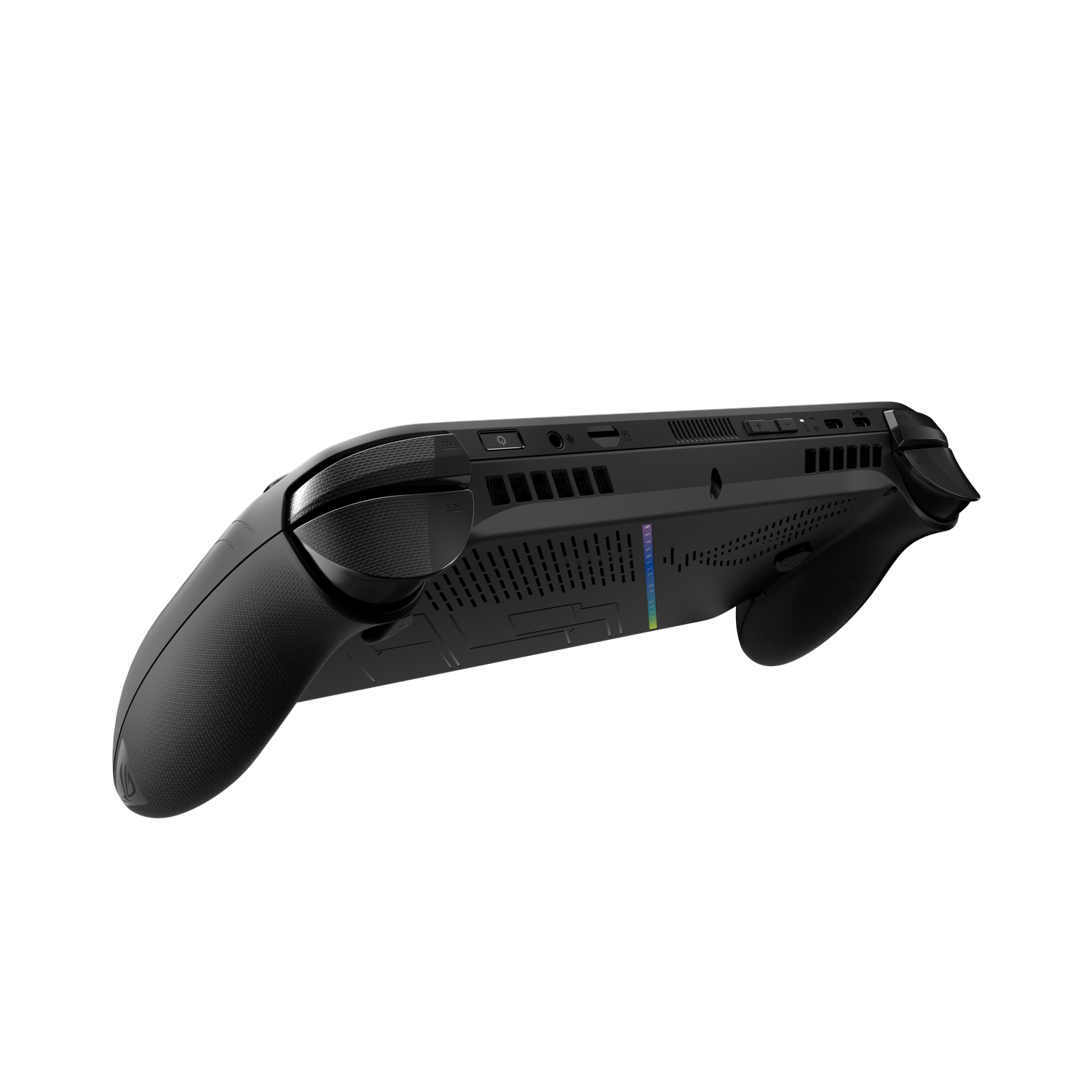 Een zwarte handheld gaming console, lichtjes schuin. Voorzien van knoppen, ventilatieopeningen en getextureerde grepen. Zwarte achtergrond.