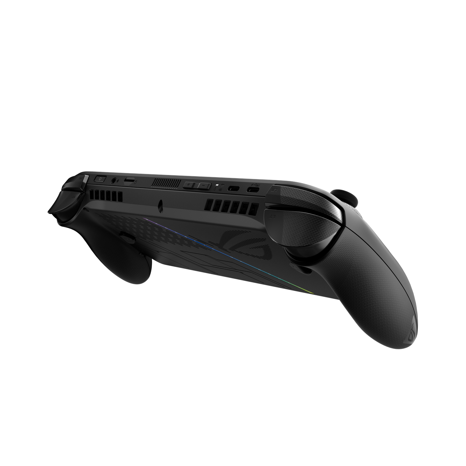 Een zwarte draagbare gameconsole staat schuin tegen een zwarte achtergrond. Details zijn knoppen, ventilatieopeningen en een getextureerde grip.