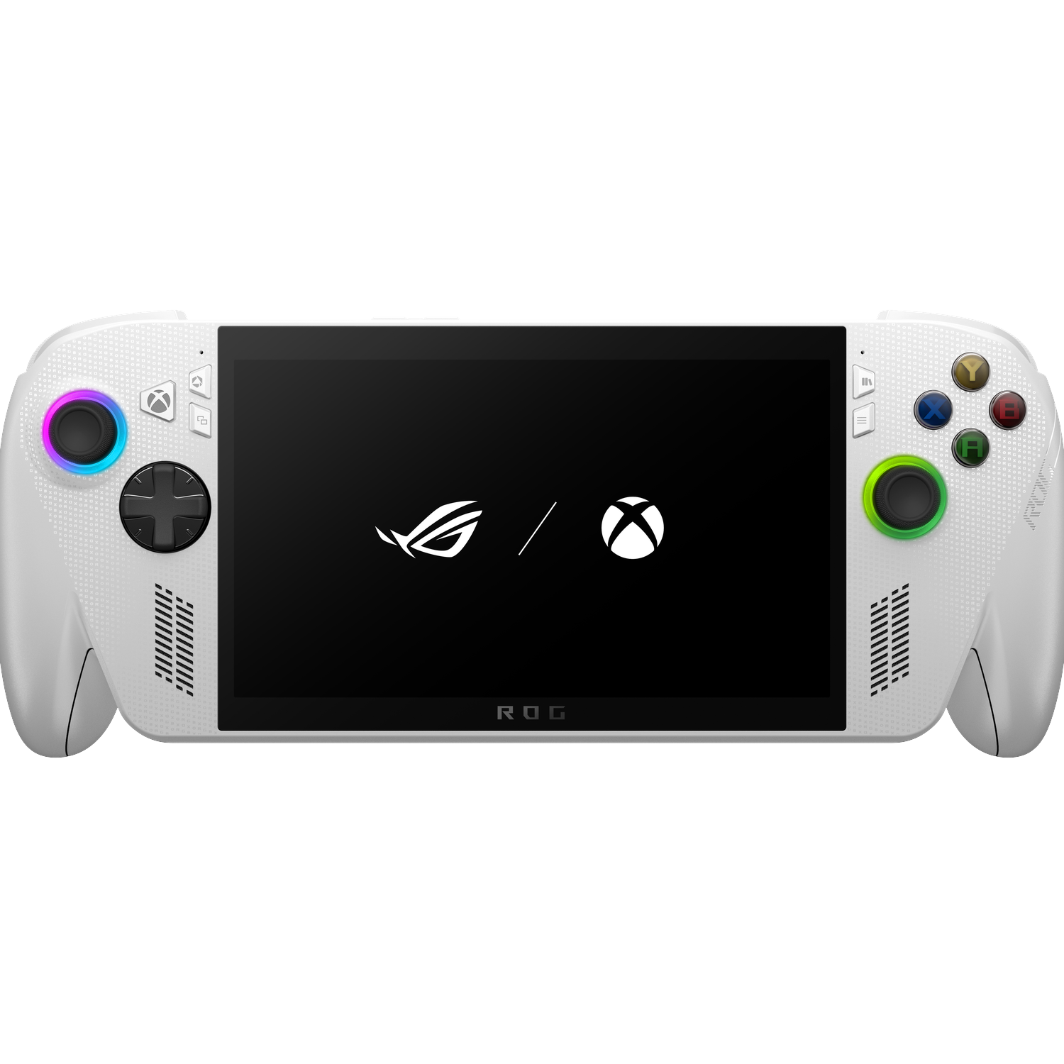 Een witte handheld gaming-apparaat met een zwart scherm met een logo, met knoppen aan beide zijden en het ROG-logo onderaan.