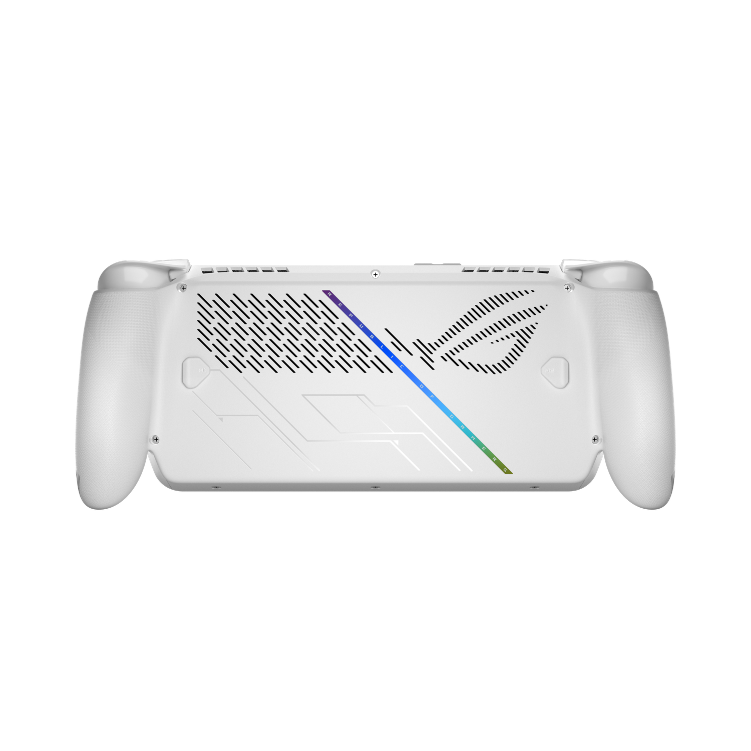 Een witte handheld gameconsole op een zwarte achtergrond. Het heeft twee handvatten, ventilatieopeningen en het ROG-logo.