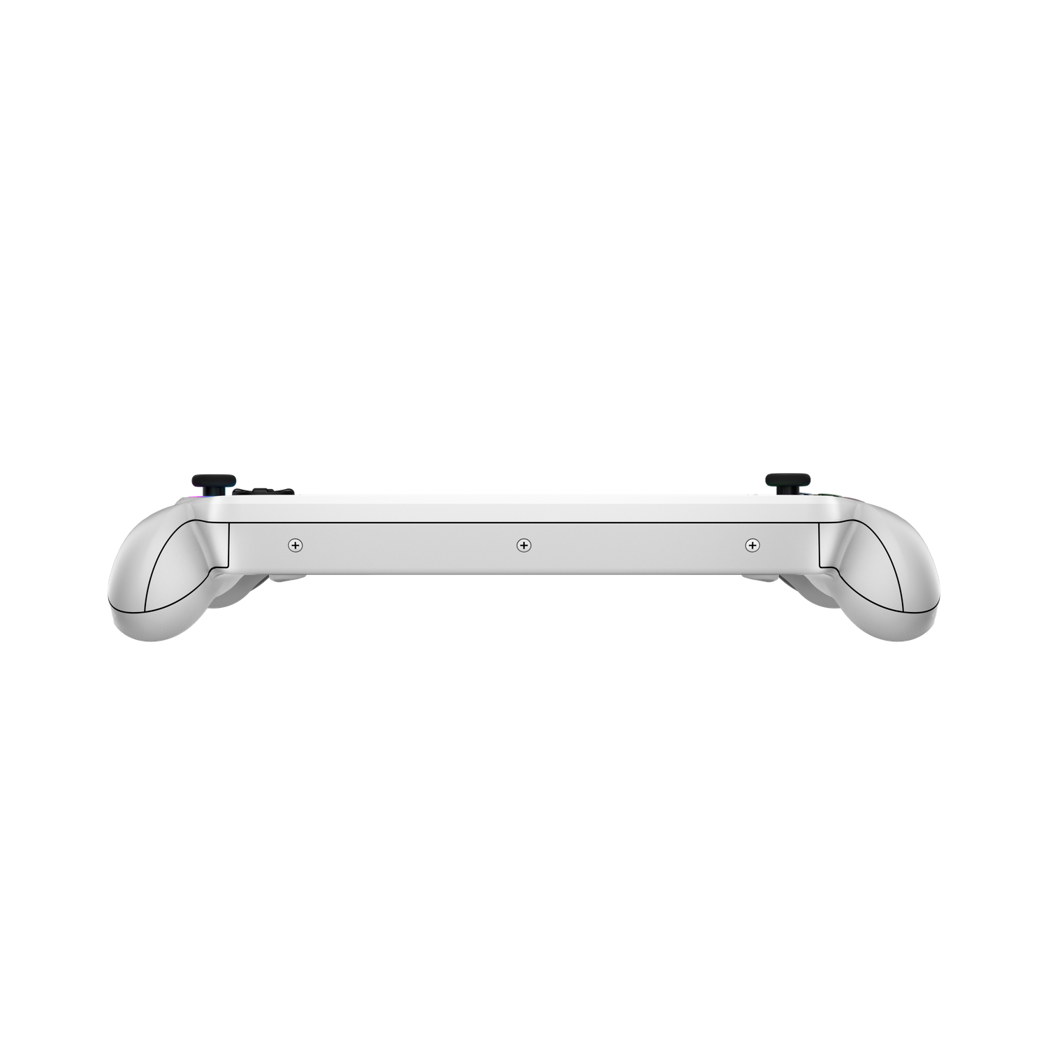 Een witte gamecontroller met twee handgrepen en een centraal lichaam. Het heeft knoppen en joysticks. De achtergrond is zwart.