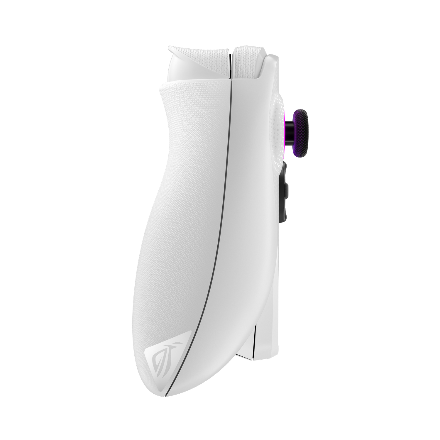 Een witte gamecontroller met zwarte en paarse accenten, tegen een zwarte achtergrond. De controller wordt van opzij bekeken.