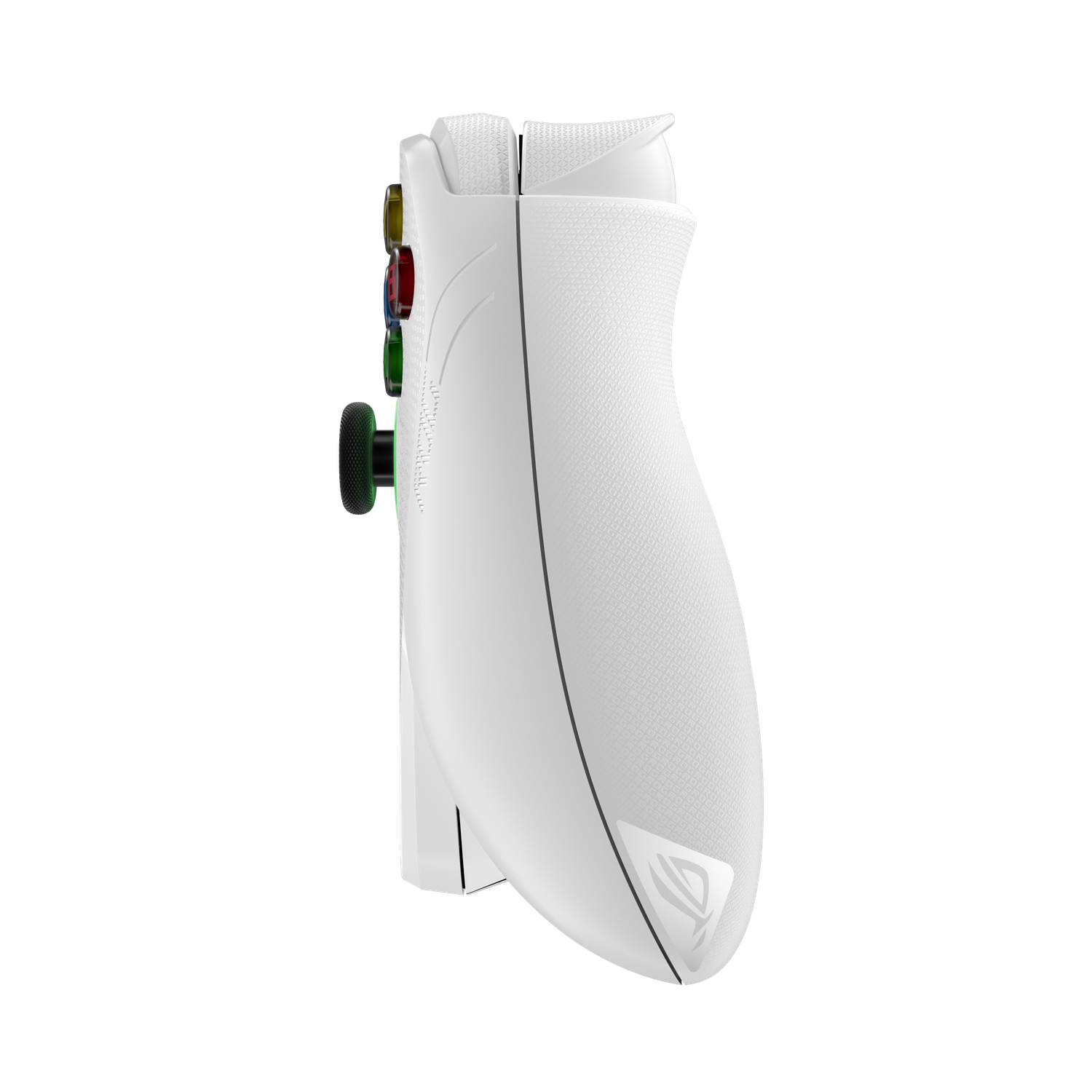 Een witte gamecontroller met kleurrijke knoppen. De controller is naar rechts gekanteld, met een zwarte achtergrond.