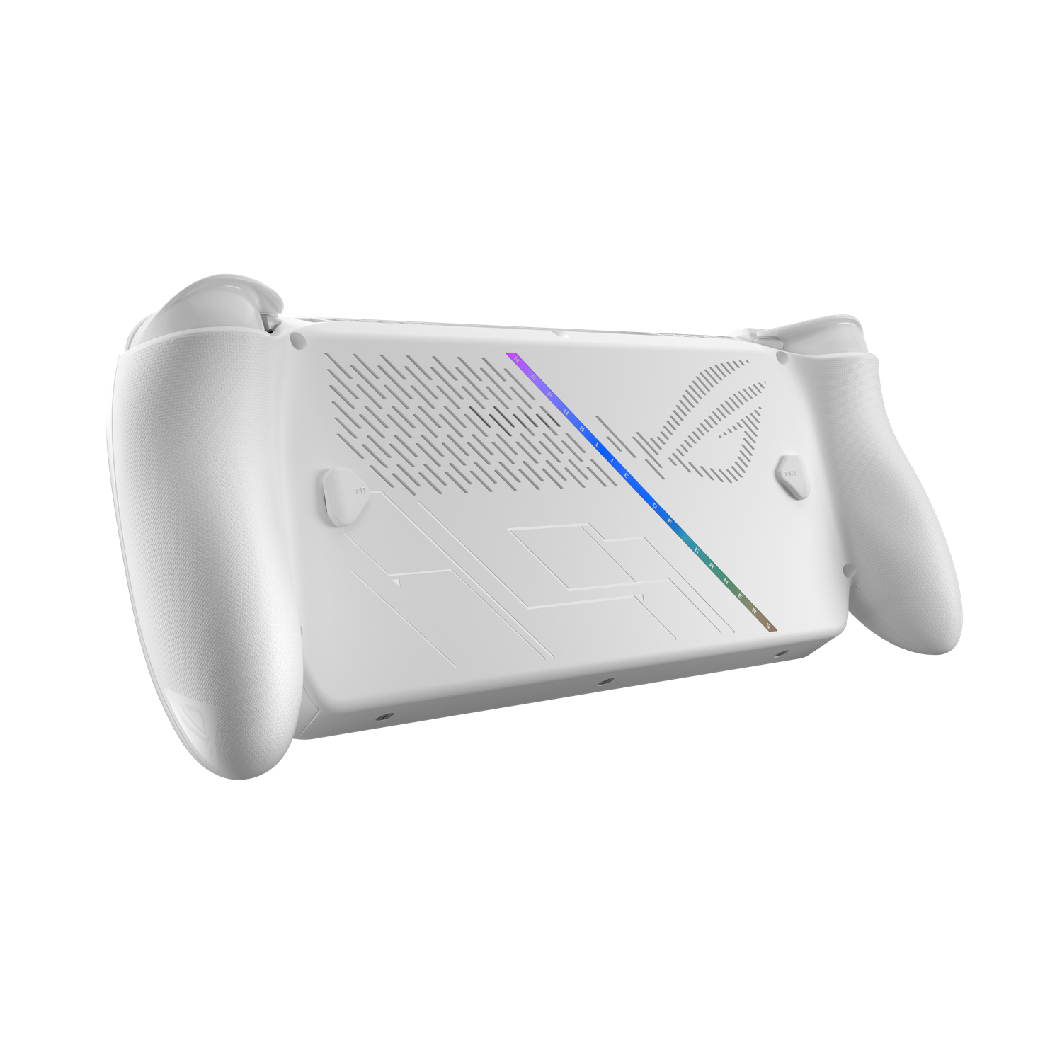 Een witte draagbare gameconsole, schuine weergave. Het heeft twee handvatten, knoppen en een achterkant met een logo en kleurrijke accenten.