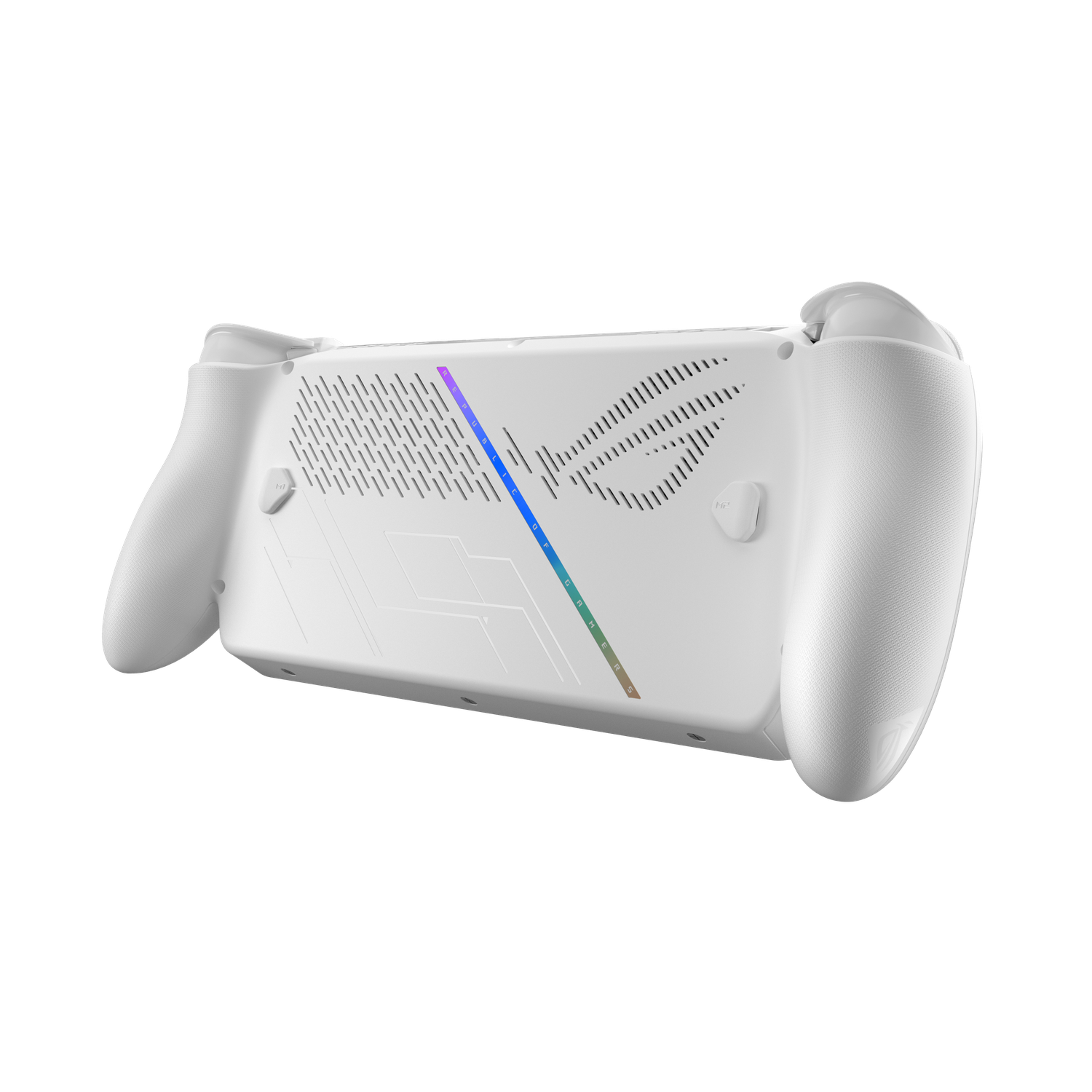 Witte handheld gaming apparaat, met zwarte achtergrond. Voorzien van getextureerde handgrepen, ventilatieopeningen en een kleurrijke verlichte streep. Het ROG-logo is zichtbaar.