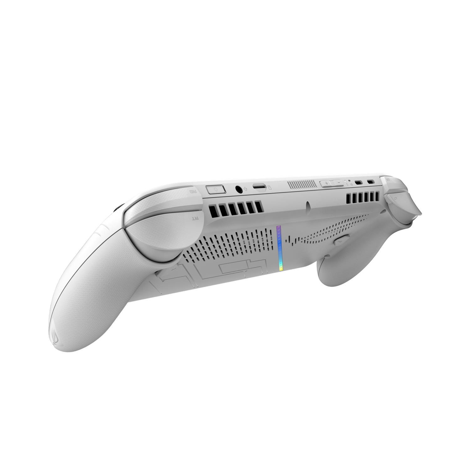 Een witte handheld gameconsole wordt getoond tegen een zwarte achtergrond. Het heeft knoppen, ventilatieopeningen en een gekleurde lichtstrip.