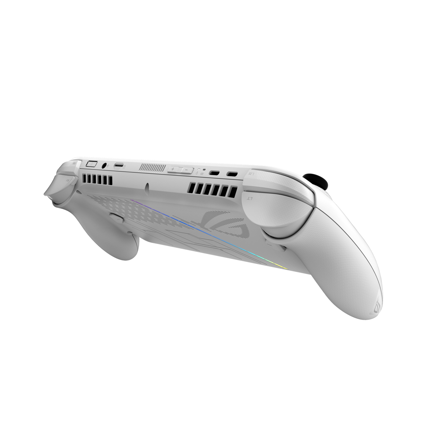 Een witte handheld gameconsole met knoppen, triggers en een scherm. Een logo is zichtbaar. De achtergrond is zwart.