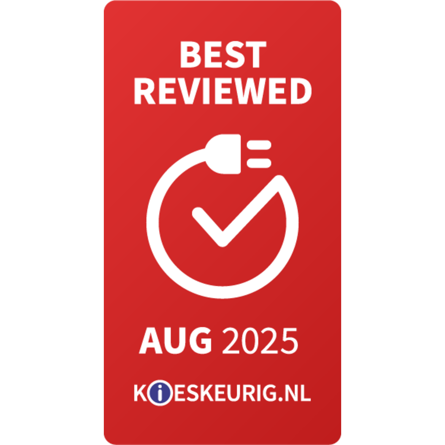 Rode rechthoek met witte tekst 'BEST REVIEWED' en een vinkje in een cirkel. 'AUG 2025' en 'KOESKEURIG.NL' zijn ook aanwezig.