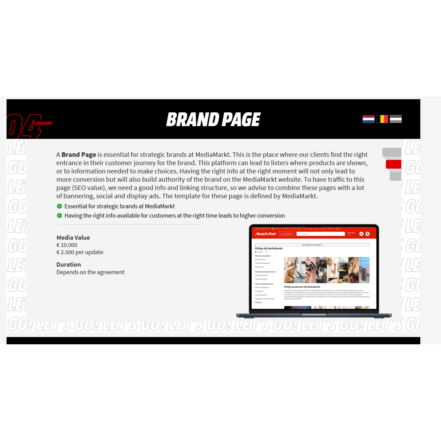 Een laptop toont een MediaMarkt-merkpagina. Tekst beschrijft de functie van de pagina, inclusief branding en SEO.