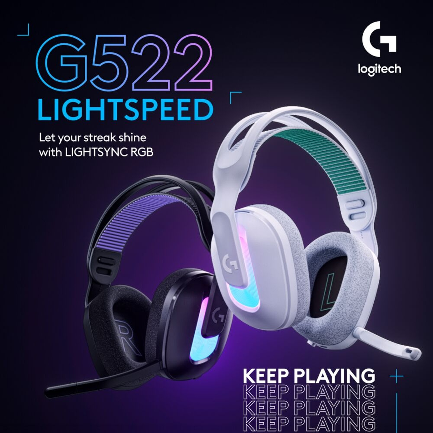 Due cuffie da gioco Logitech G522 Lightspeed, una nera e una bianca, su sfondo viola scuro. Il logo è visibile.