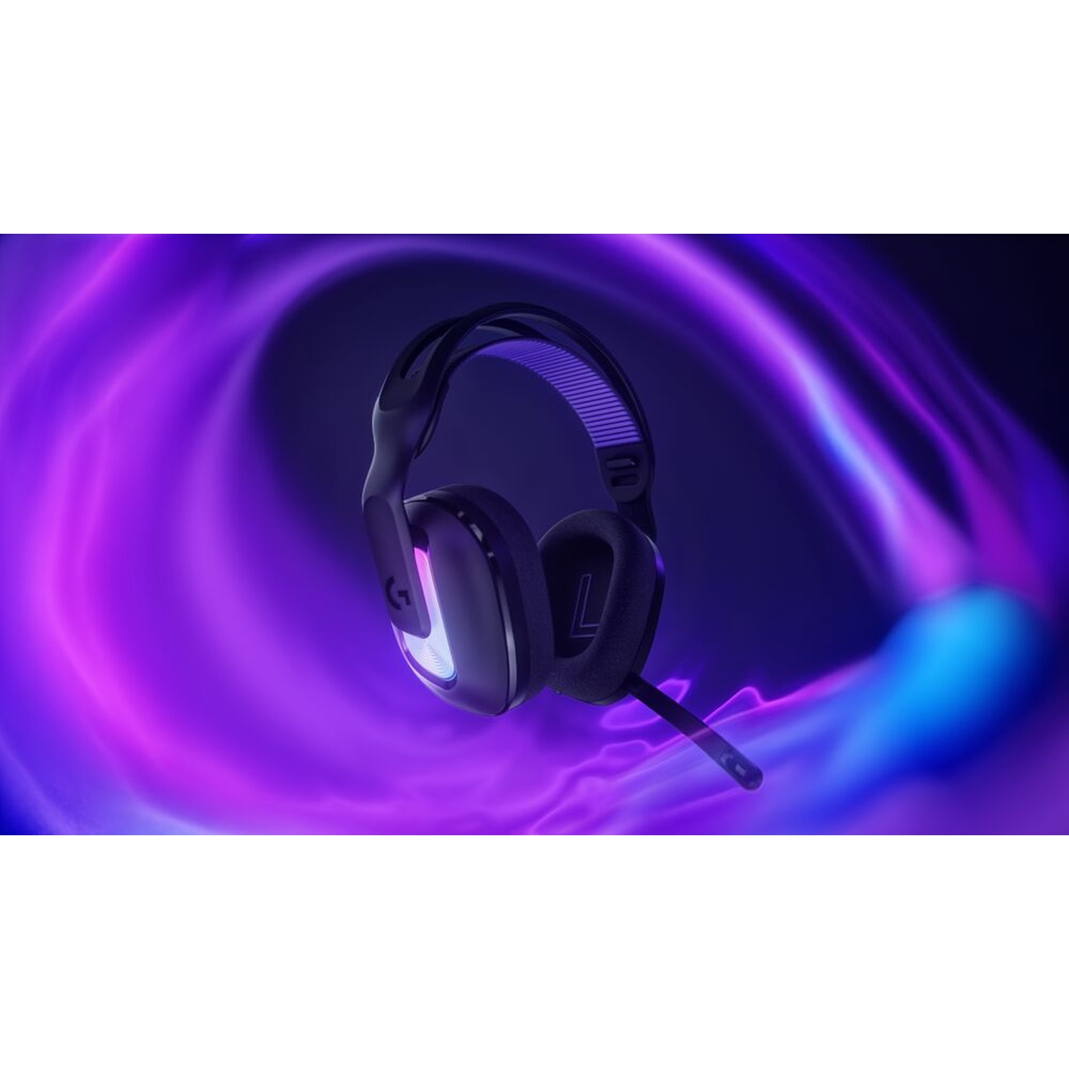 Un'auricolare da gioco nera e viola con microfono. Lo sfondo è una sfumatura viola e blu a spirale.
