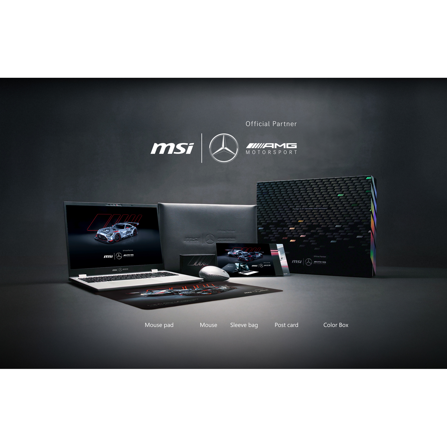 A promotional image featuring MSI and AMG Motorsport products. Includes a laptop, mouse, mousepad, sleeve bag, postcard, and color box.