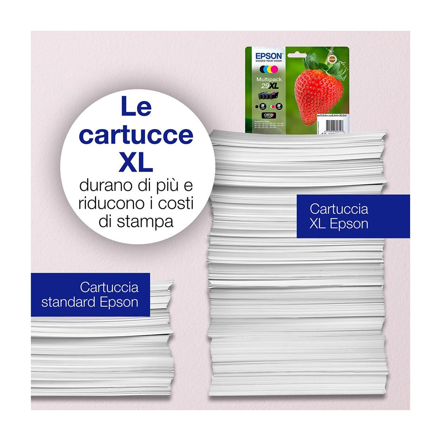 Un pacco di cartucce d'inchiostro Epson. Una fragola e testo sulle cartucce XL sono visualizzati.