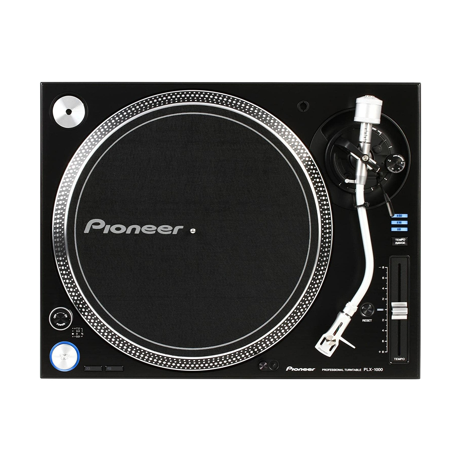 Un giradischi professionale Pioneer PLX-1000. Ha una base nera con un disco nero, dettagli argentati e un braccio bianco.