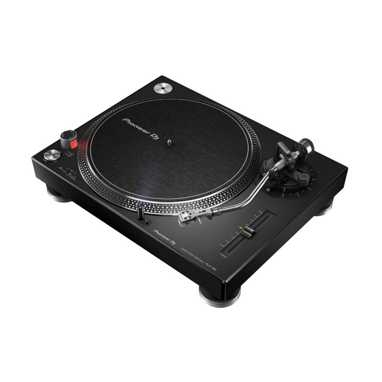 Un giradischi Pioneer DJ PLX-500 nero. Ha un piatto scuro, un braccio argentato e vari comandi. Si trova su una superficie bianca.