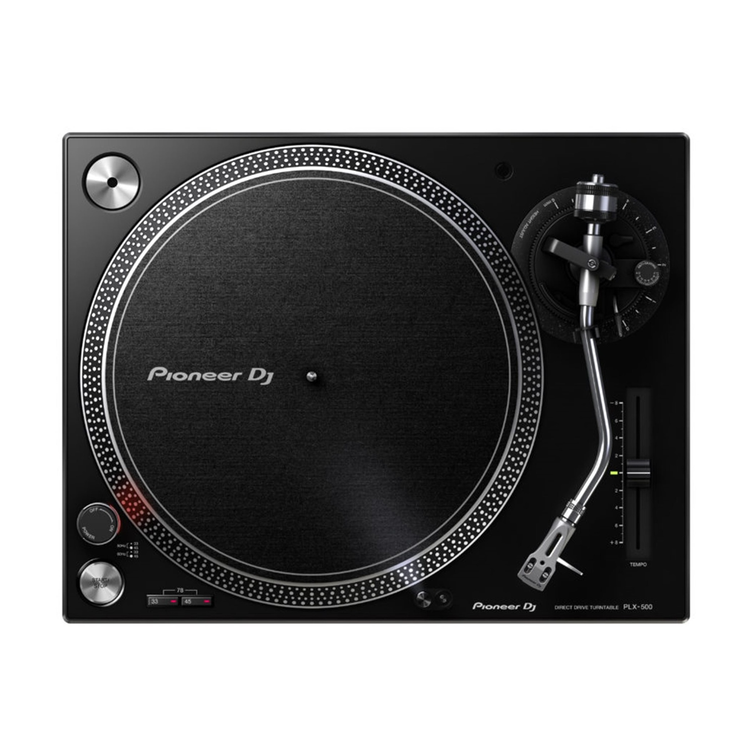 Un giradischi Pioneer DJ nero. Ha un disco rotante, un braccio e pulsanti di controllo. Il giradischi è su una superficie nera.