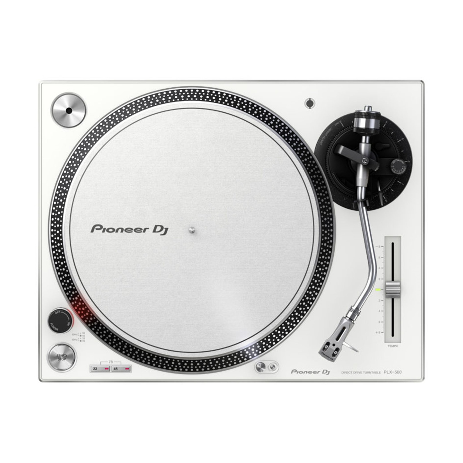 Un giradischi Pioneer DJ bianco. Presenta un piatto nero, un braccio argentato e vari pulsanti di controllo. Il cursore del tempo è visibile.