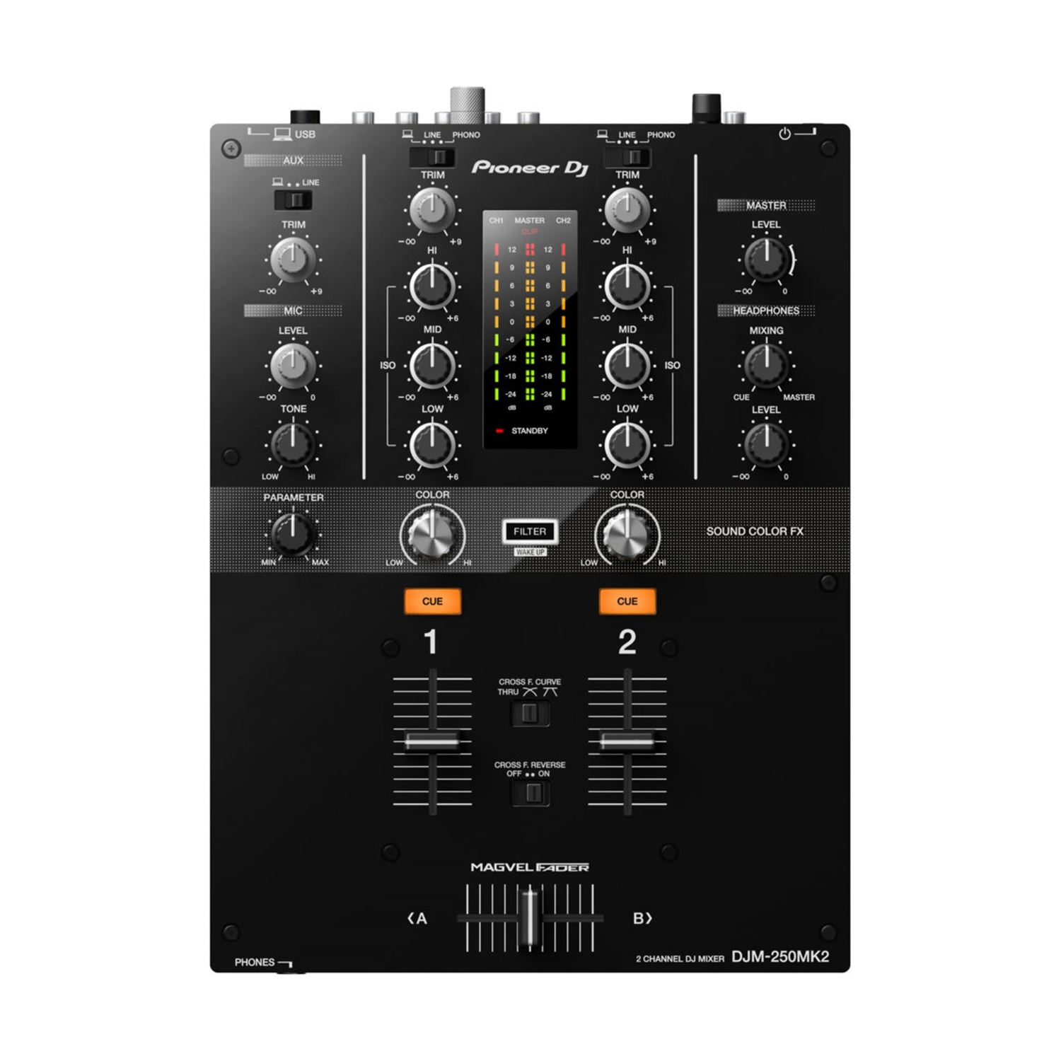 Un mixer Pioneer DJ nero con manopole, fader e pulsanti. Ha controlli di canale e una sezione master.