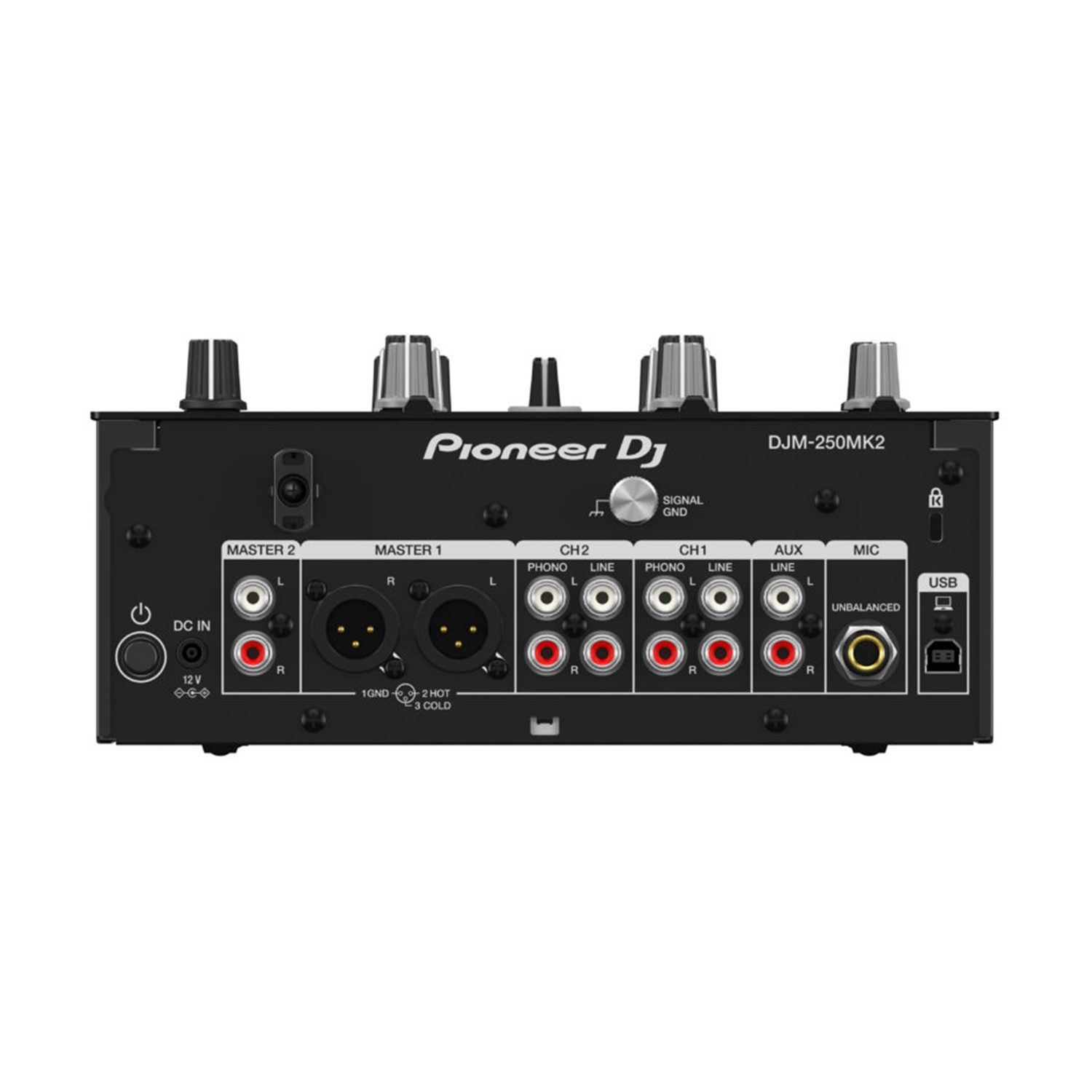 Pannello posteriore del mixer Pioneer DJ DJM-250MK2 nero. Dispone di varie porte di ingresso/uscita come RCA, USB e XLR. Manopole e interruttori visibili.