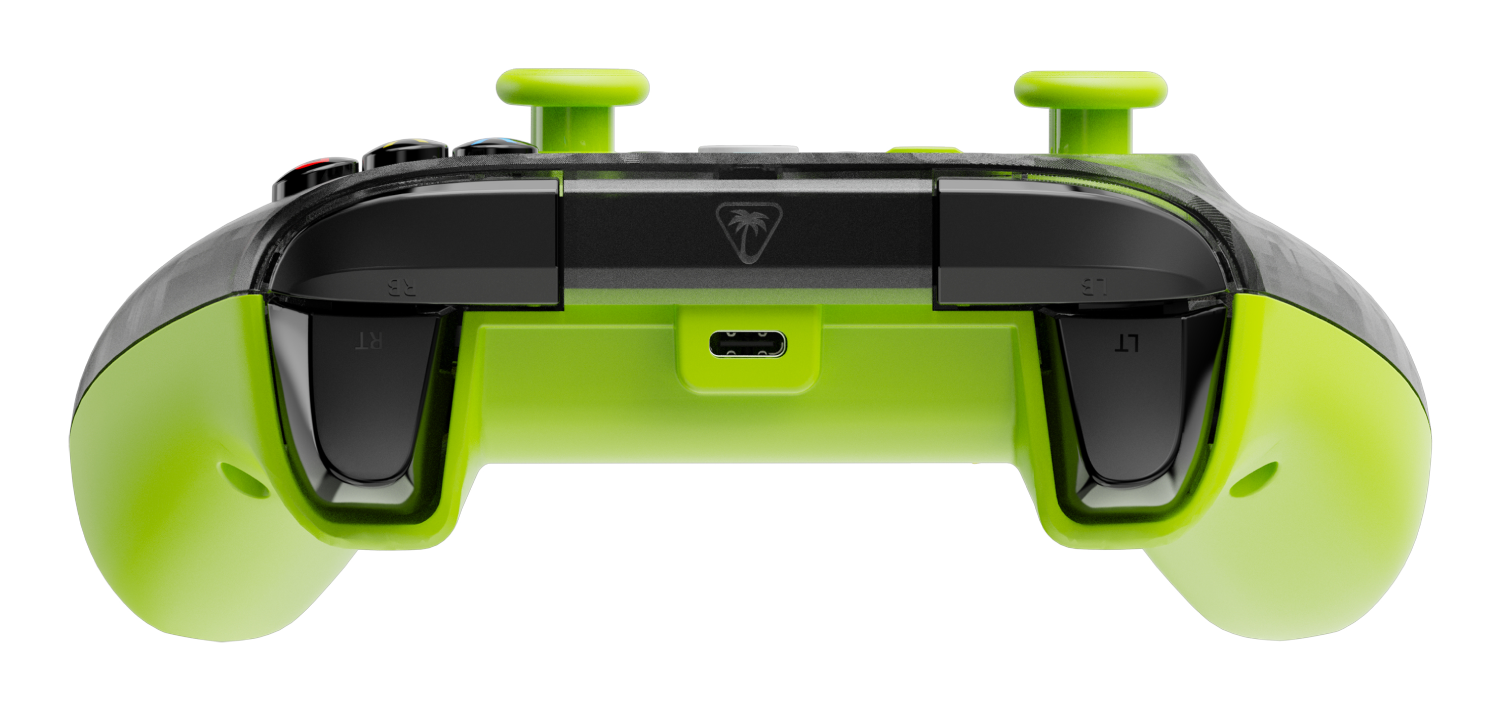 Un mando de videojuegos verde lima y negro. Incluye botones, joysticks y un puerto USB-C. El logotipo de la marca es visible.